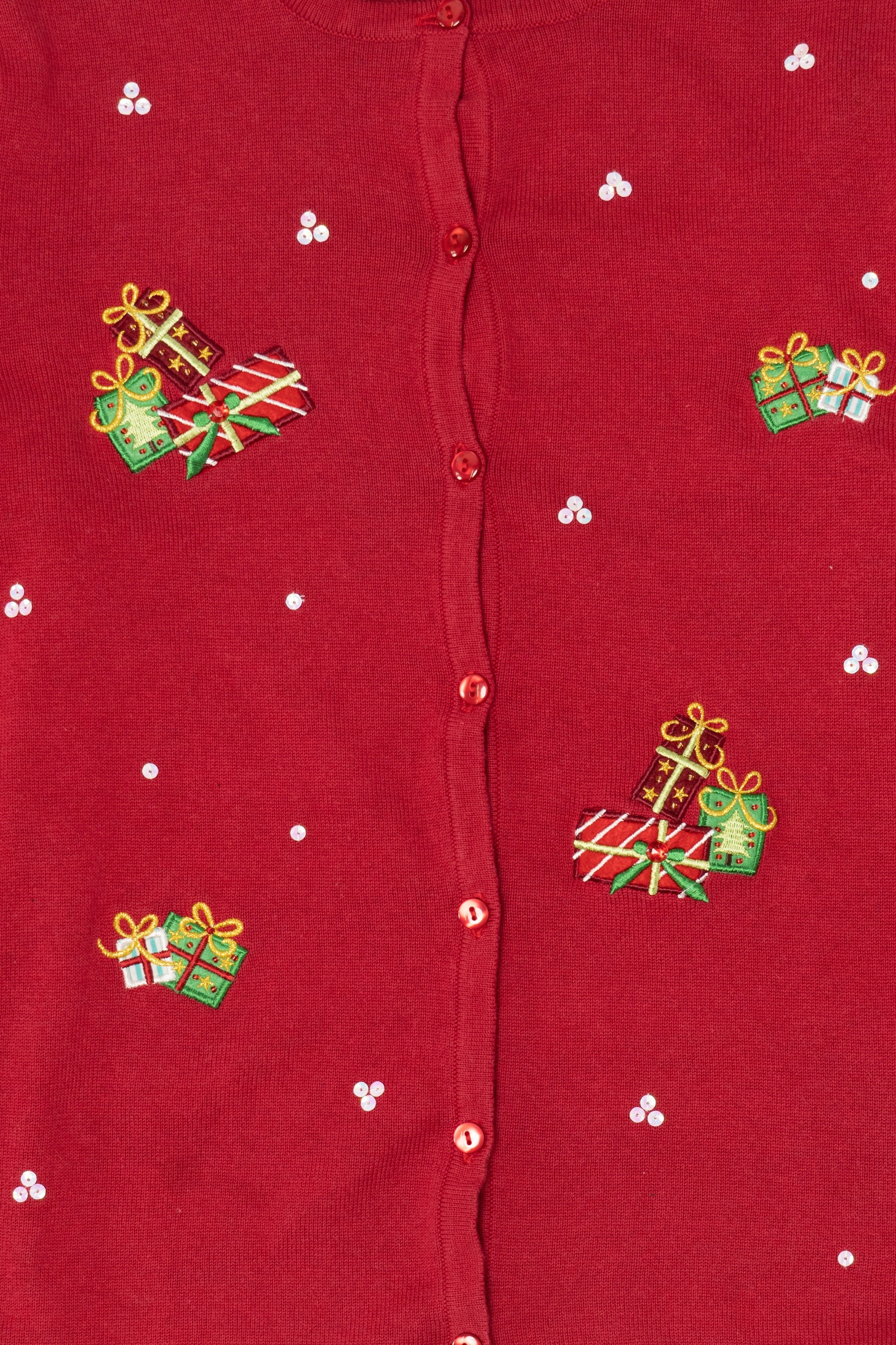 Vintage Red Y2k Lightweight Presents Ugly Christmas Cardigan (2000s)