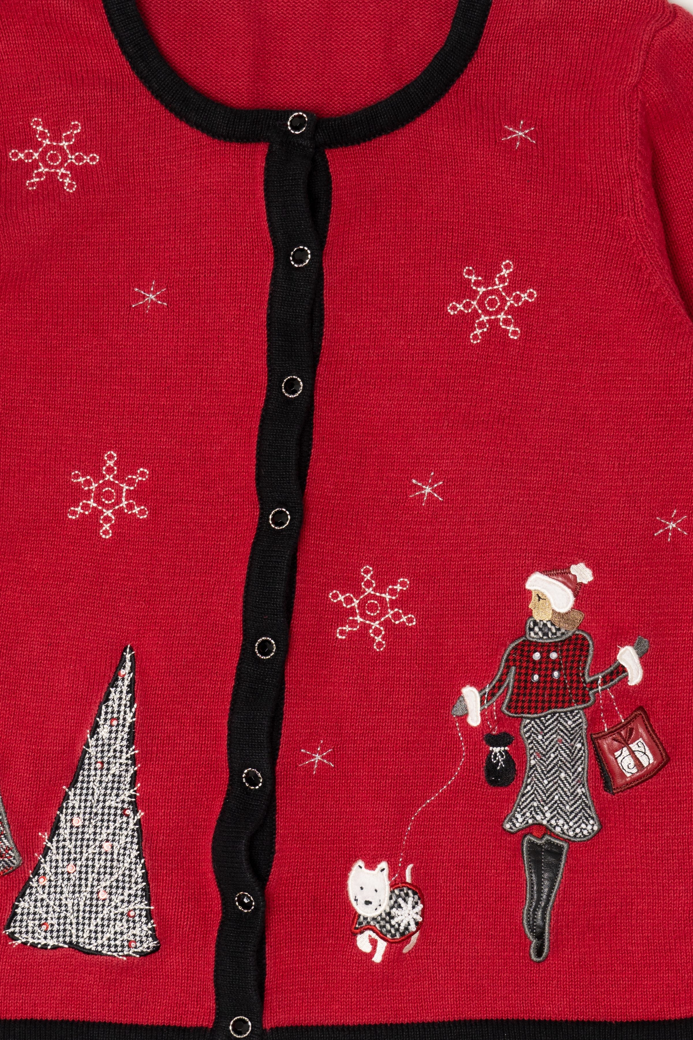 Vintage Red Fashion And Snowflakes Ugly Christmas Cardigan (2000s)