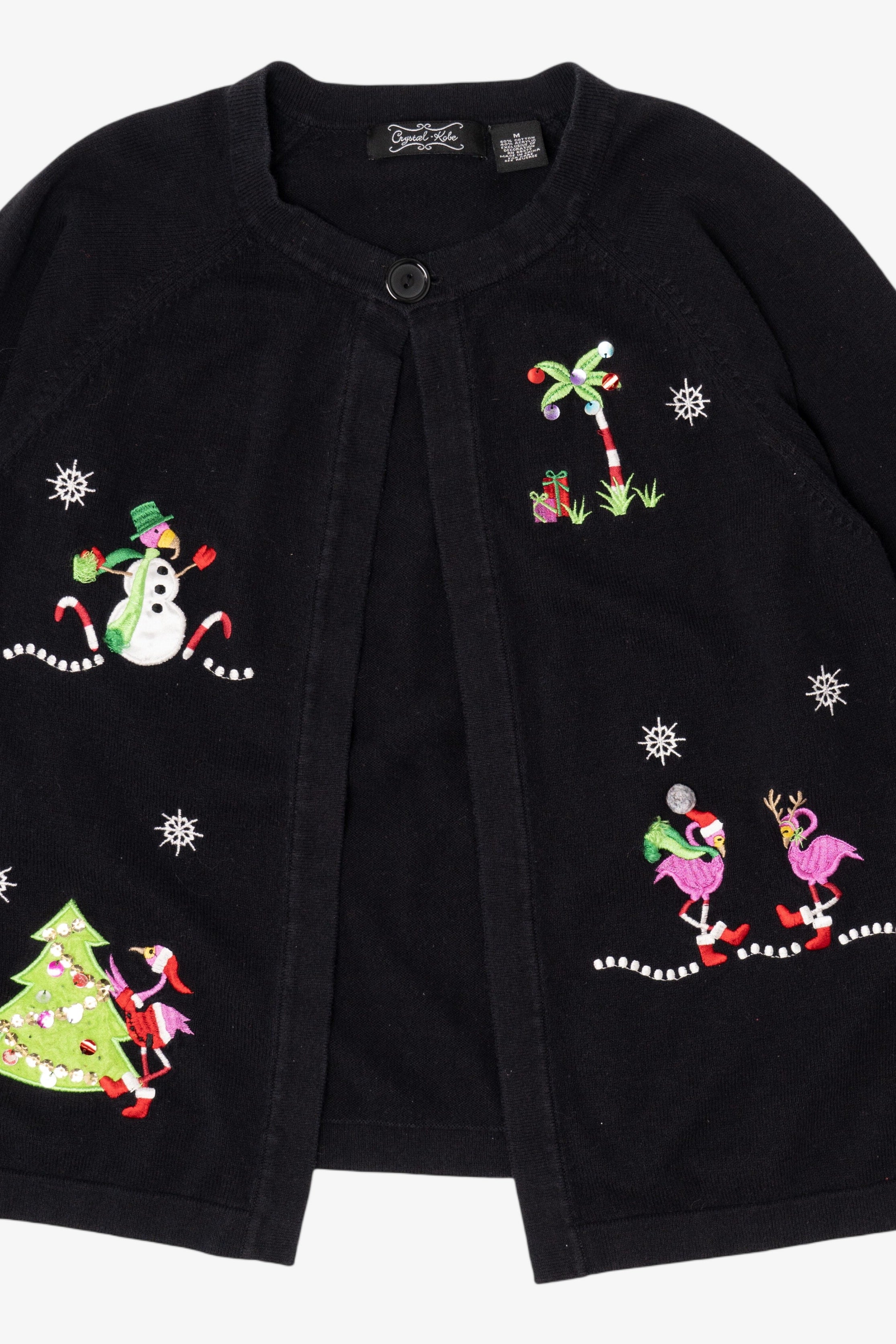Vintage Black Crystal Kobe Flamingos Ugly Christmas Cardigan (2000s)
