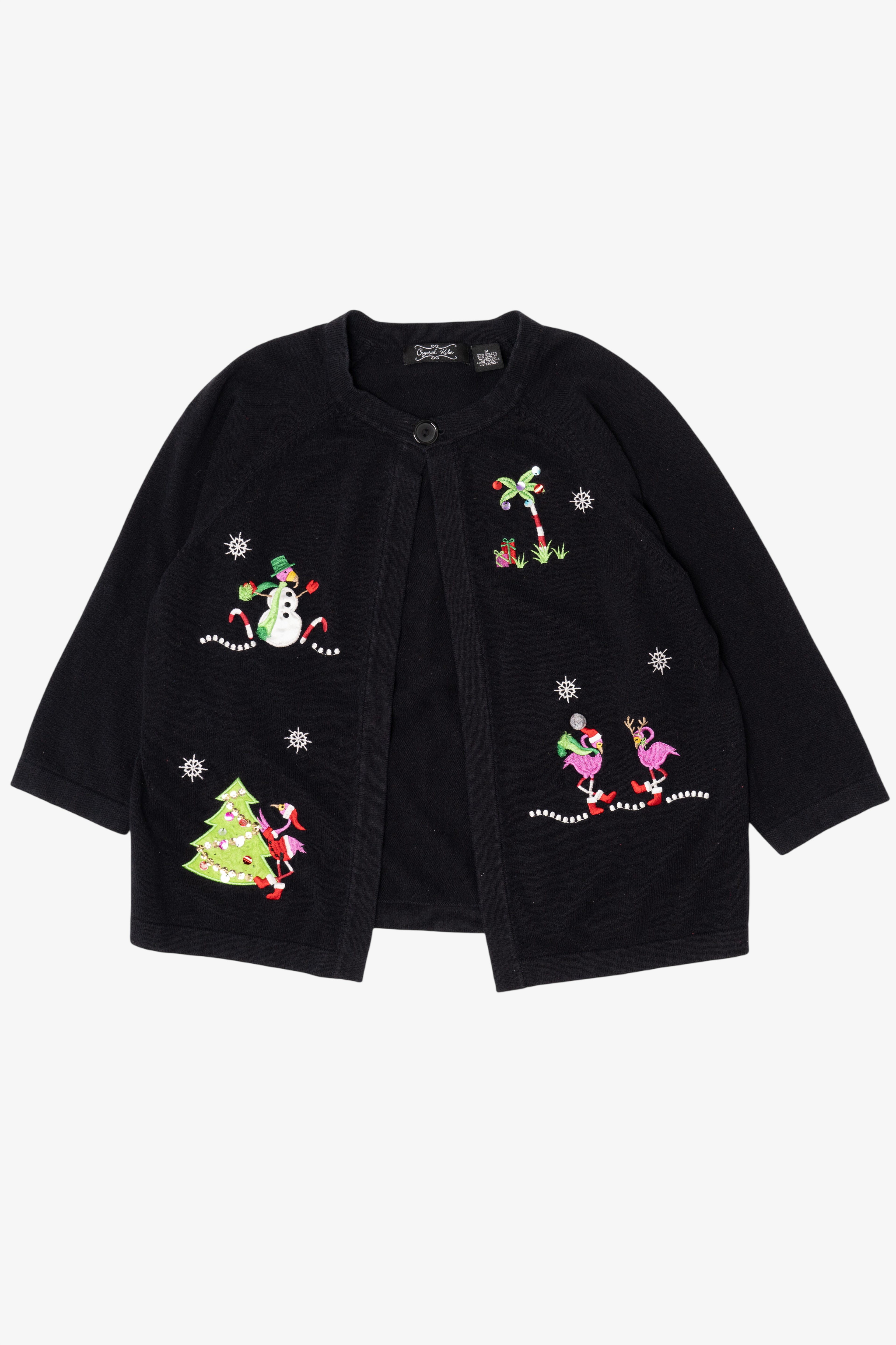 Vintage Black Crystal Kobe Flamingos Ugly Christmas Cardigan (2000s)