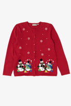 Vintage Red Y2k Lightweight Snowmen Ugly Christmas Cardigan (2000s)