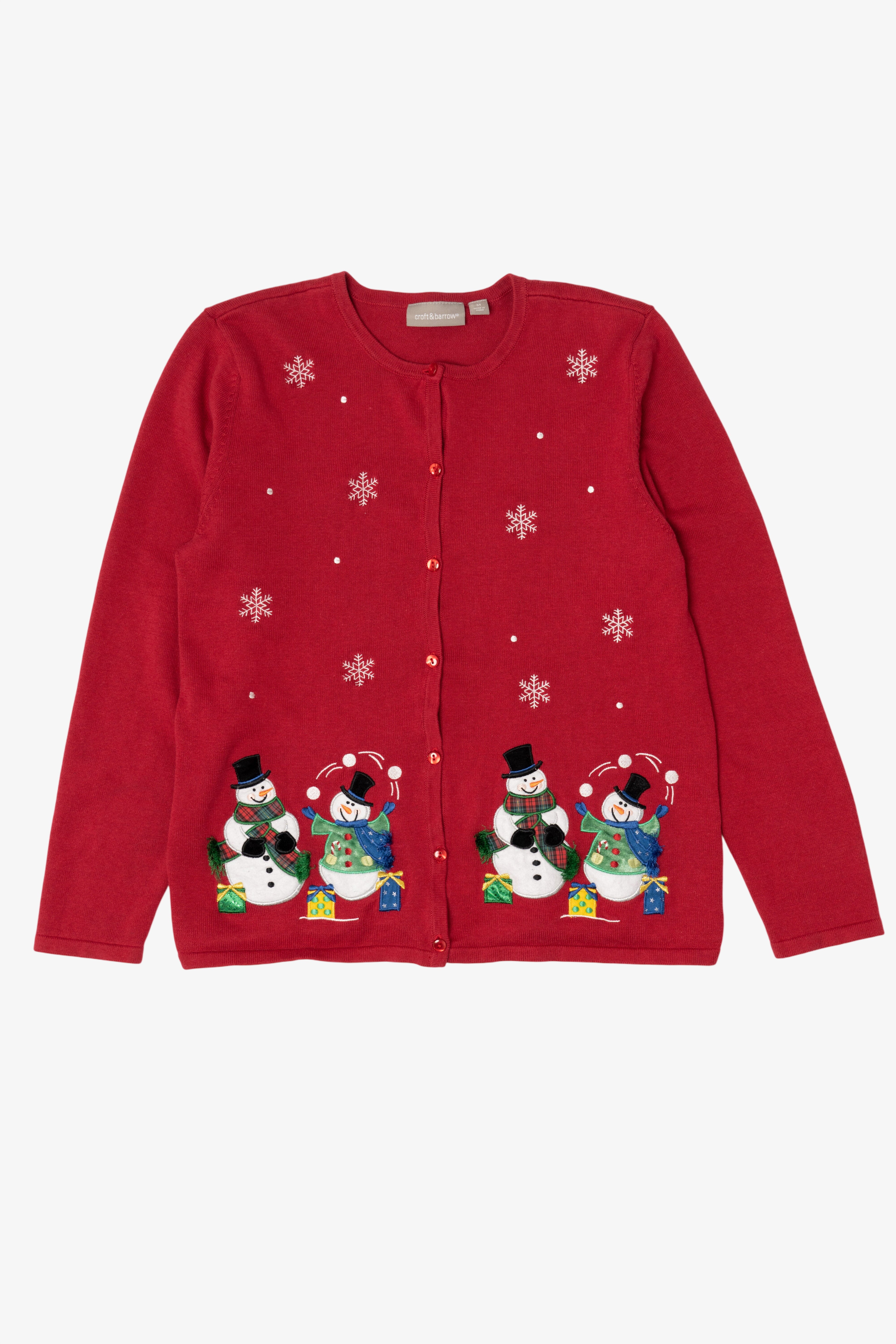 Vintage Red Y2k Lightweight Snowmen Ugly Christmas Cardigan (2000s)