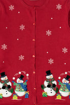 Vintage Red Y2k Lightweight Snowmen Ugly Christmas Cardigan (2000s)