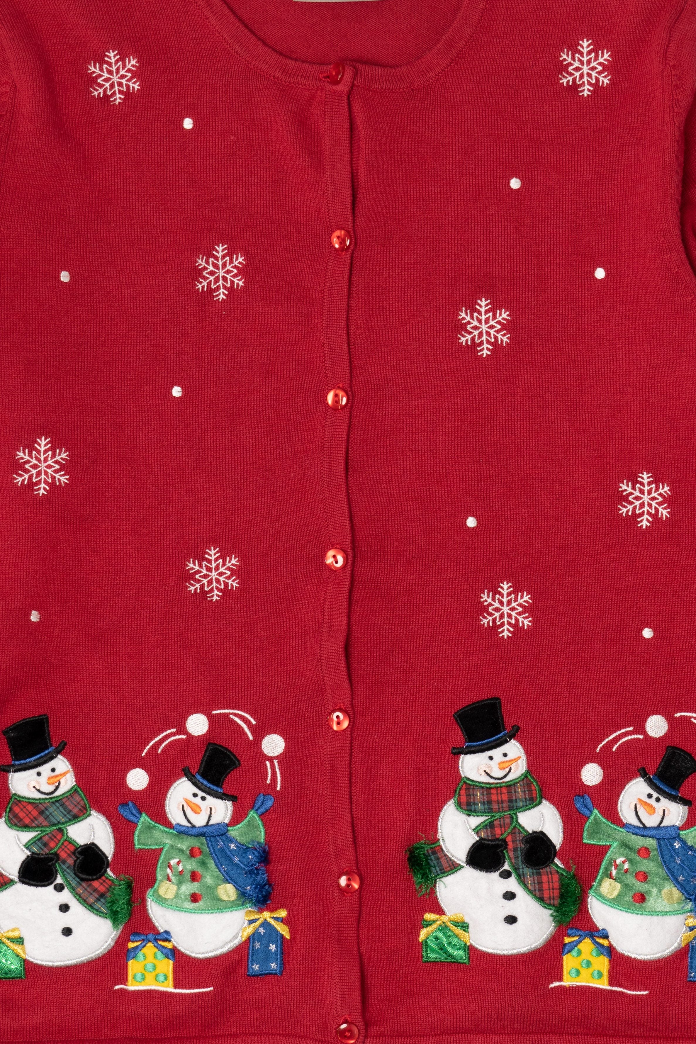 Vintage Red Y2k Lightweight Snowmen Ugly Christmas Cardigan (2000s)