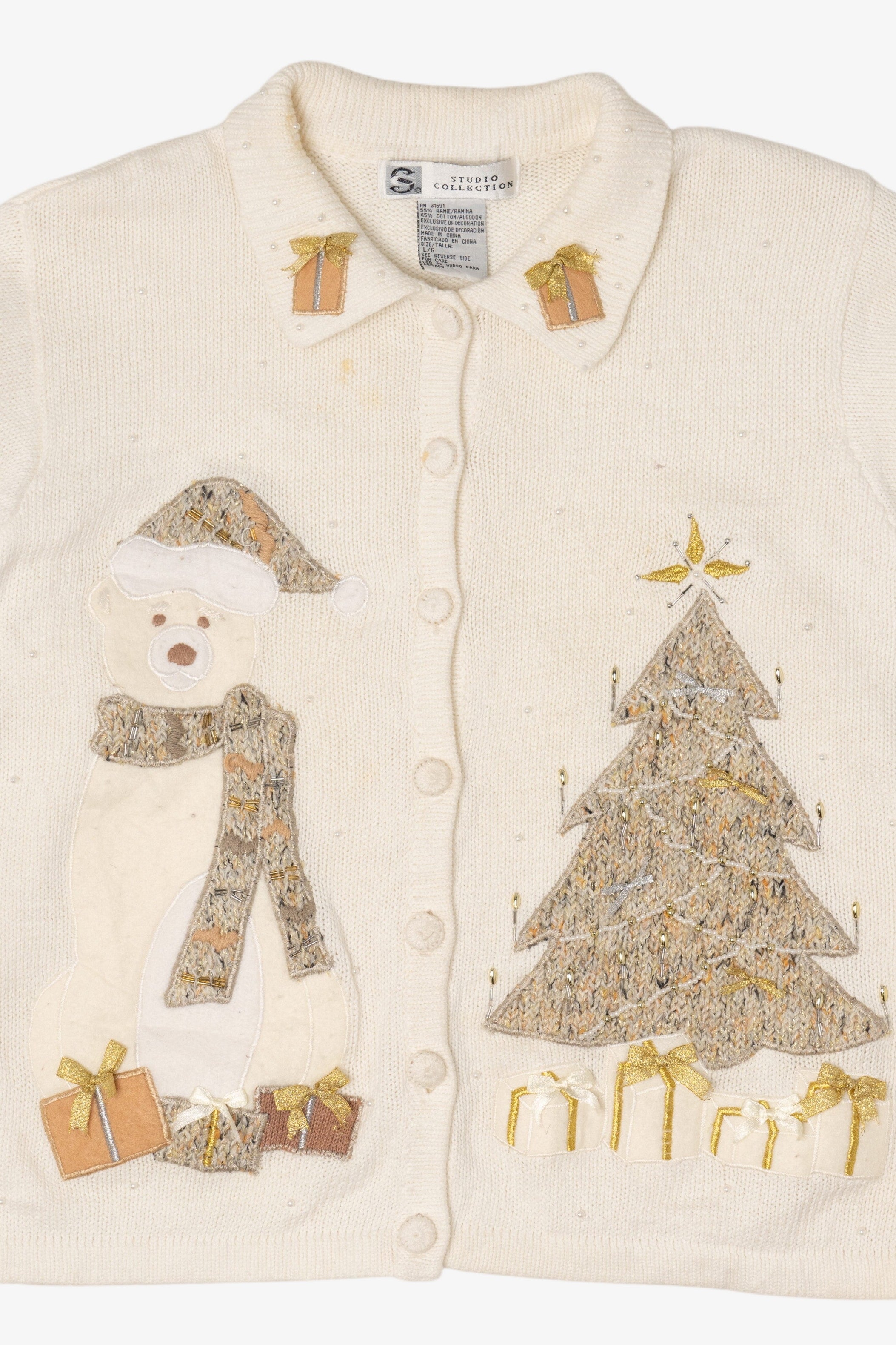 Vintage White Studio Collection Teddy Bear Ugly Christmas Cardigan (2000s)