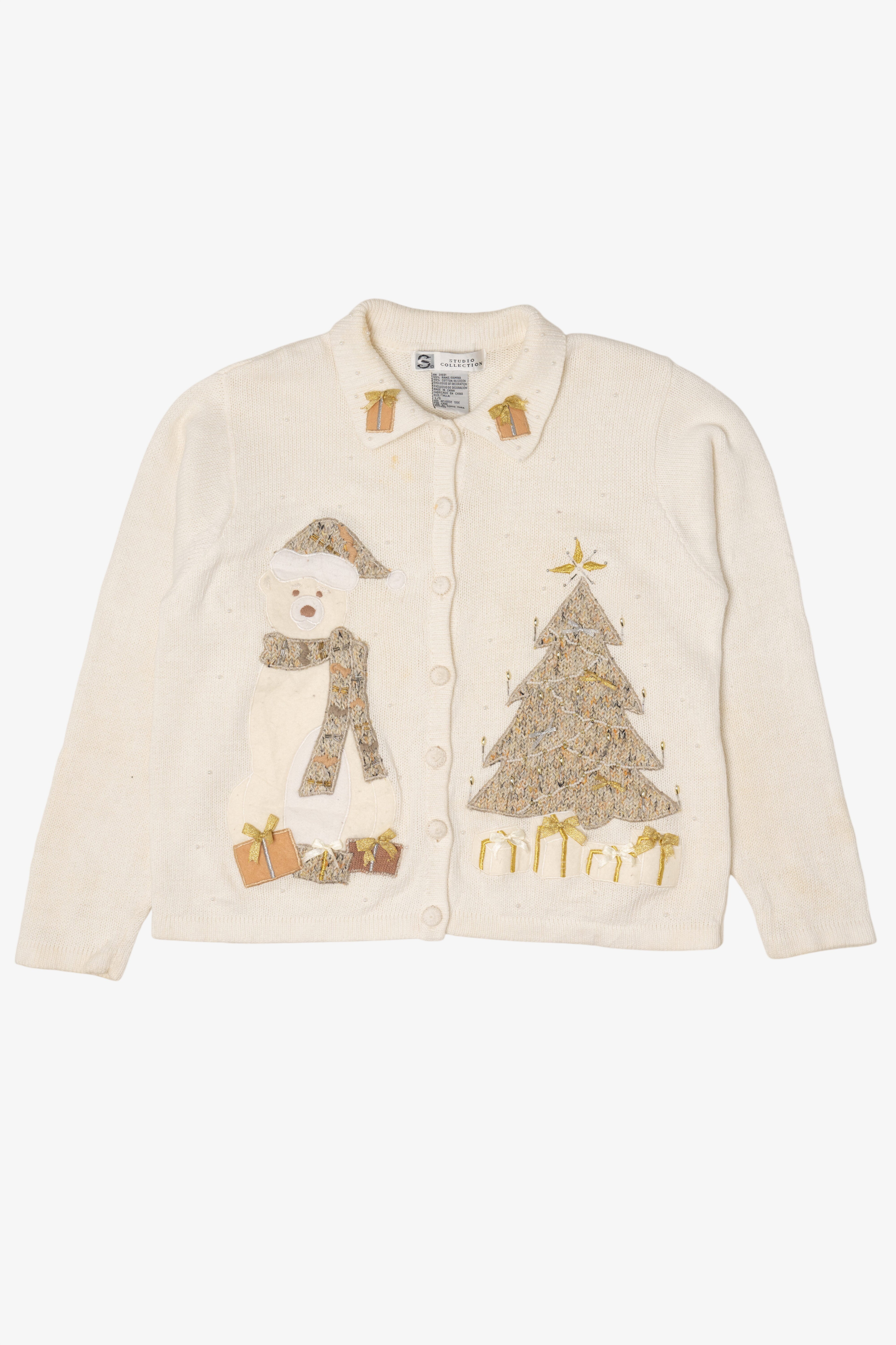 Vintage White Studio Collection Teddy Bear Ugly Christmas Cardigan (2000s)