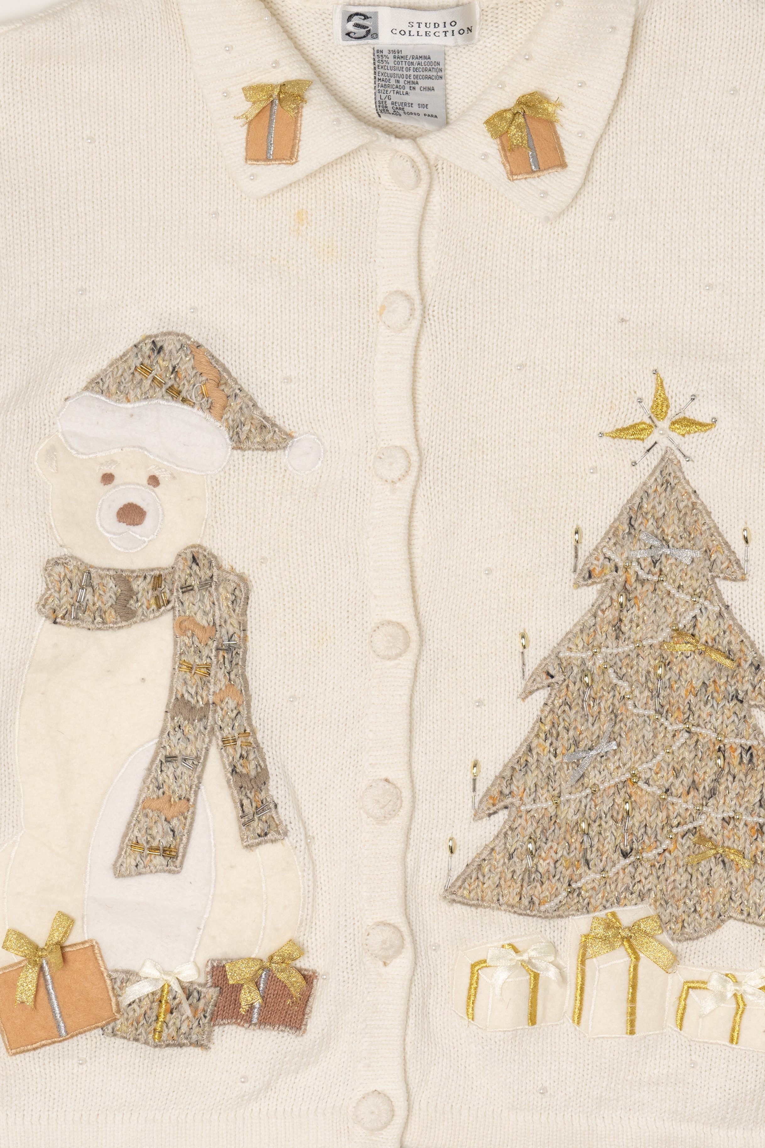 Vintage White Studio Collection Teddy Bear Ugly Christmas Cardigan (2000s)