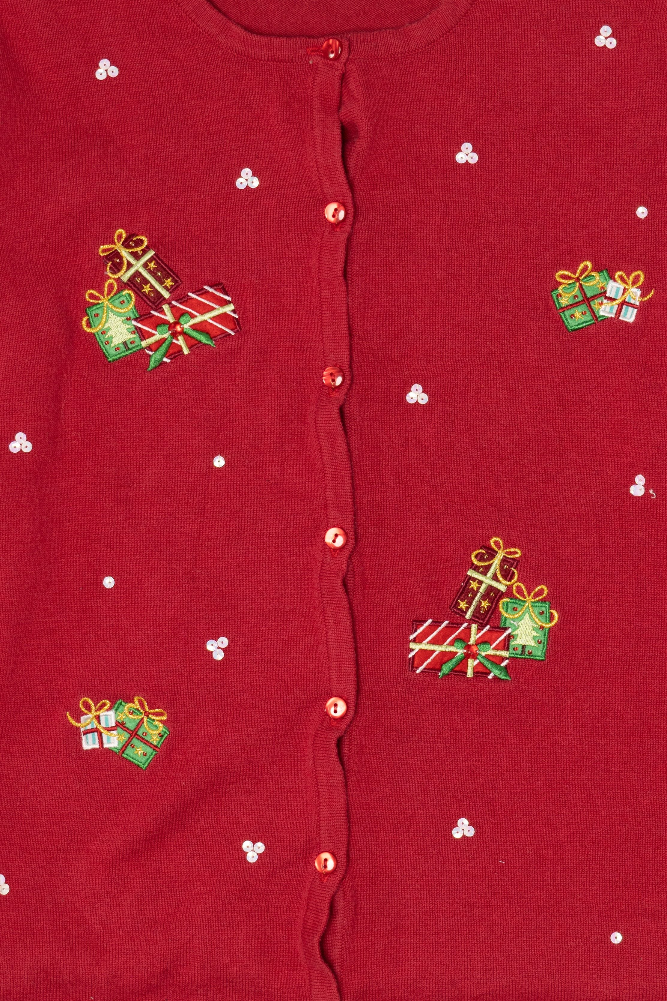 Vintage Red Y2k Lightweight Presents Ugly Christmas Cardigan (2000s)