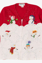 Vintage Red Y2k Lightweight Jack B. Quick Snowmen Ugly Christmas Cardigan (1990s)