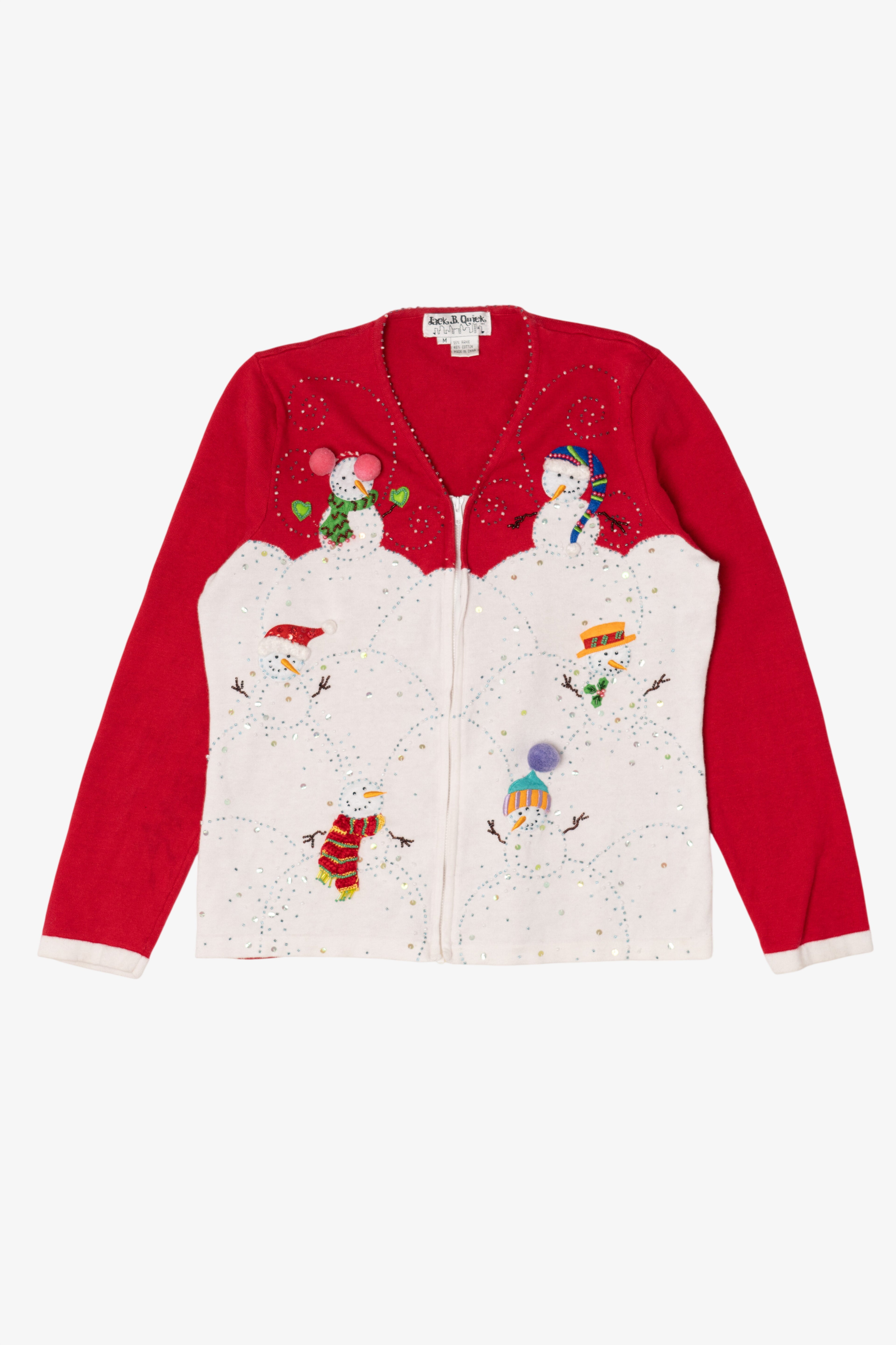 Vintage Red Y2k Lightweight Jack B. Quick Snowmen Ugly Christmas Cardigan (1990s)