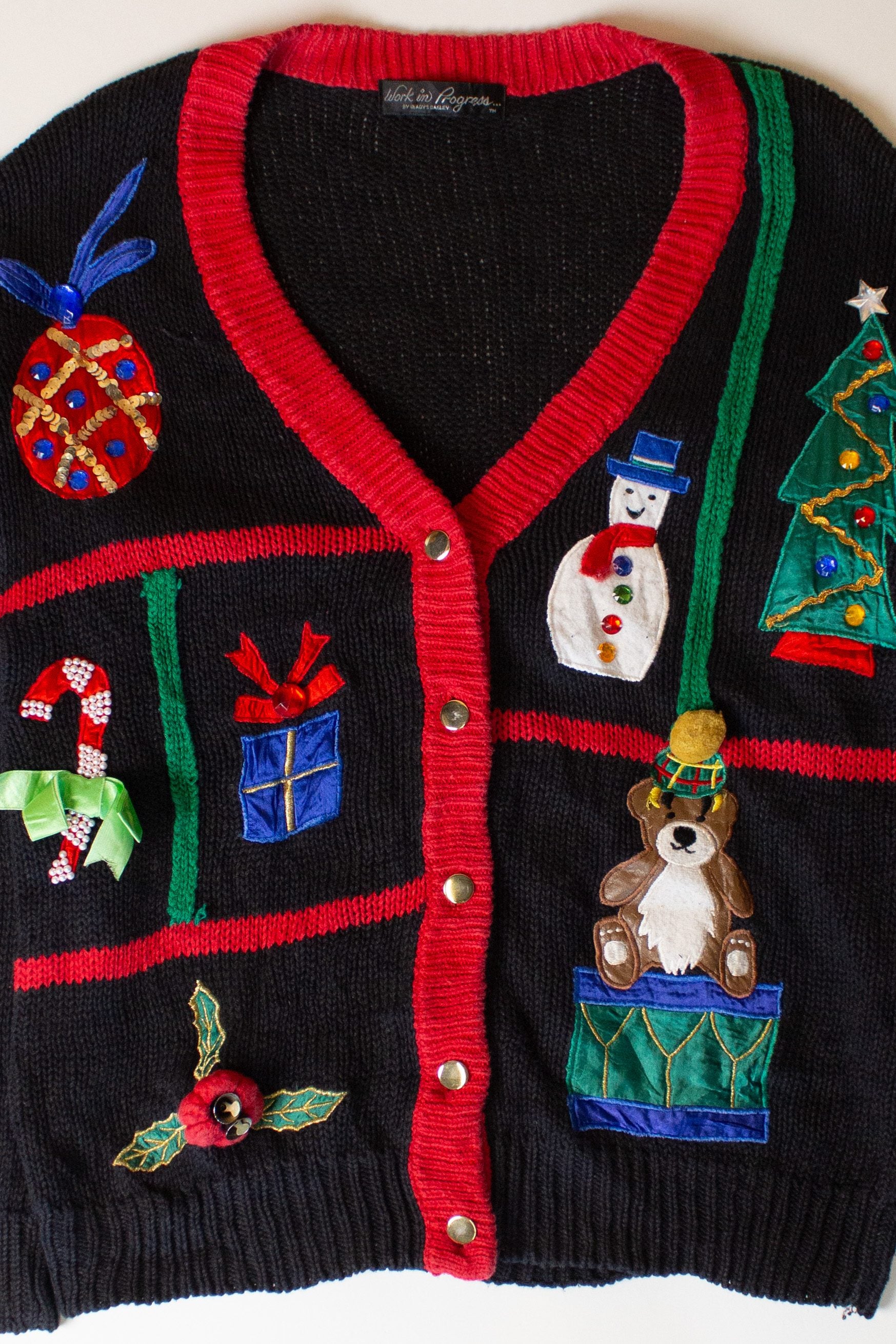 Vintage Black Blocked Collage Ugly Christmas Cardigan (1990s)