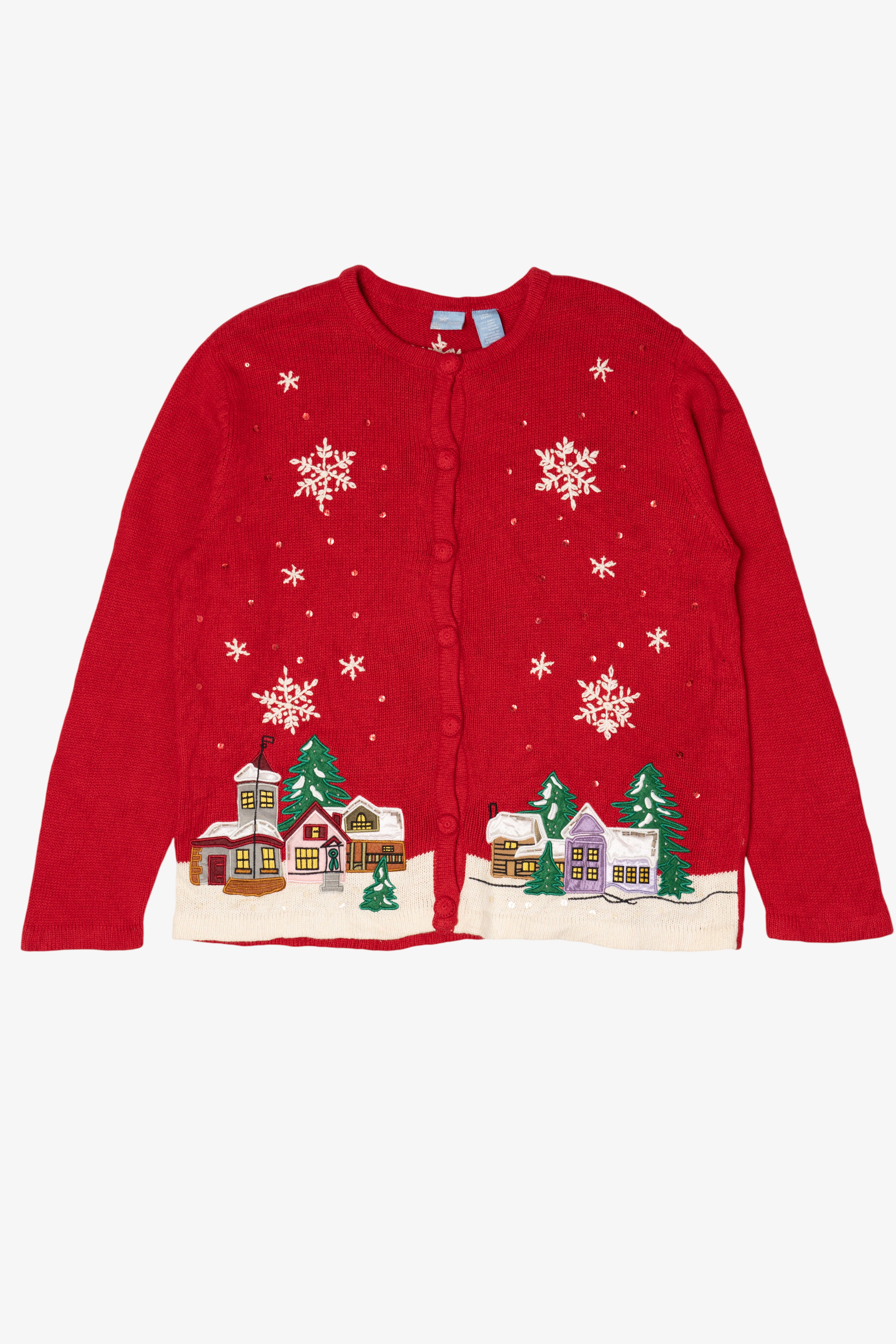 Vintage Red Holiday Editions Snowy Town Ugly Christmas Cardigan (2000s)