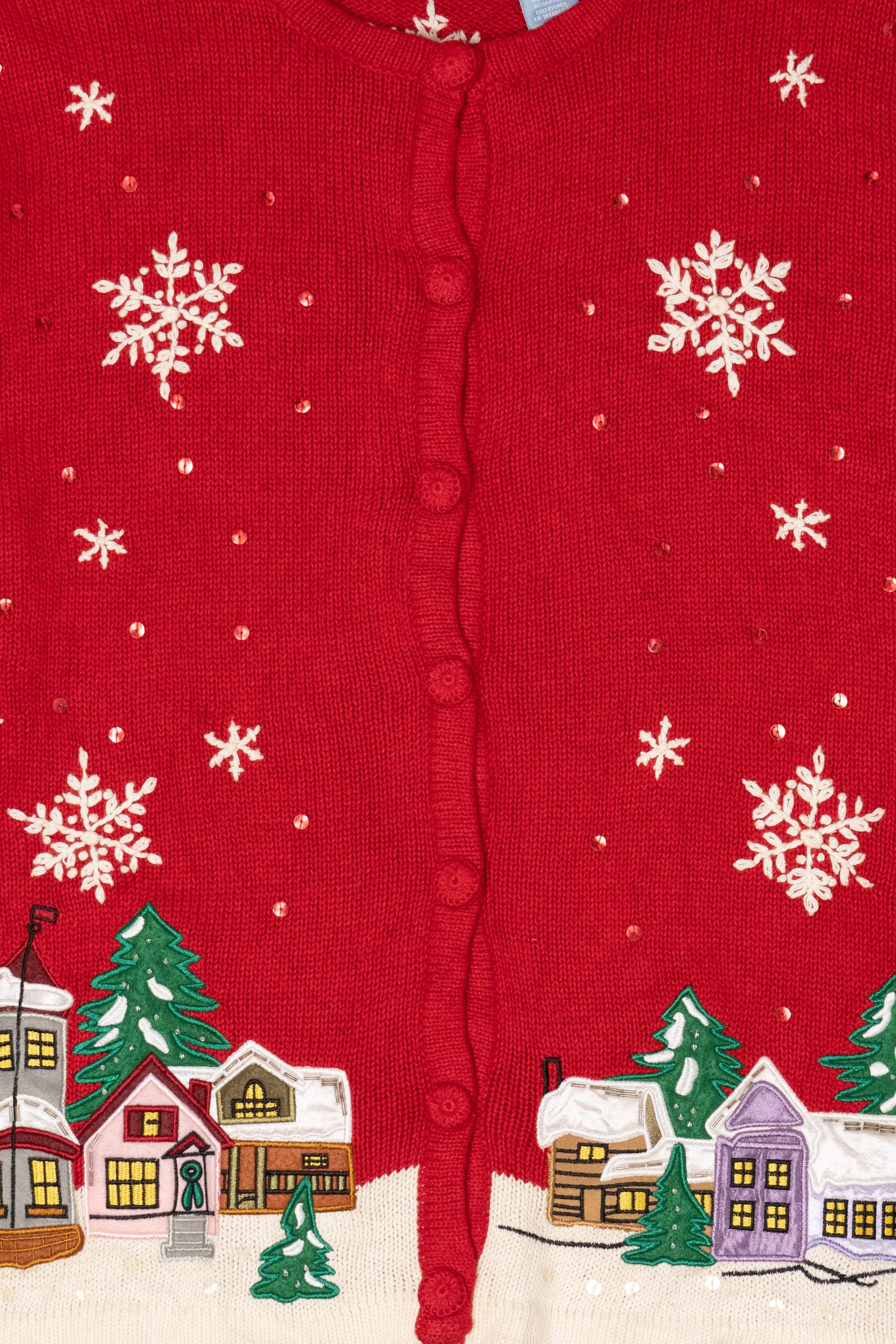 Vintage Red Holiday Editions Snowy Town Ugly Christmas Cardigan (2000s)
