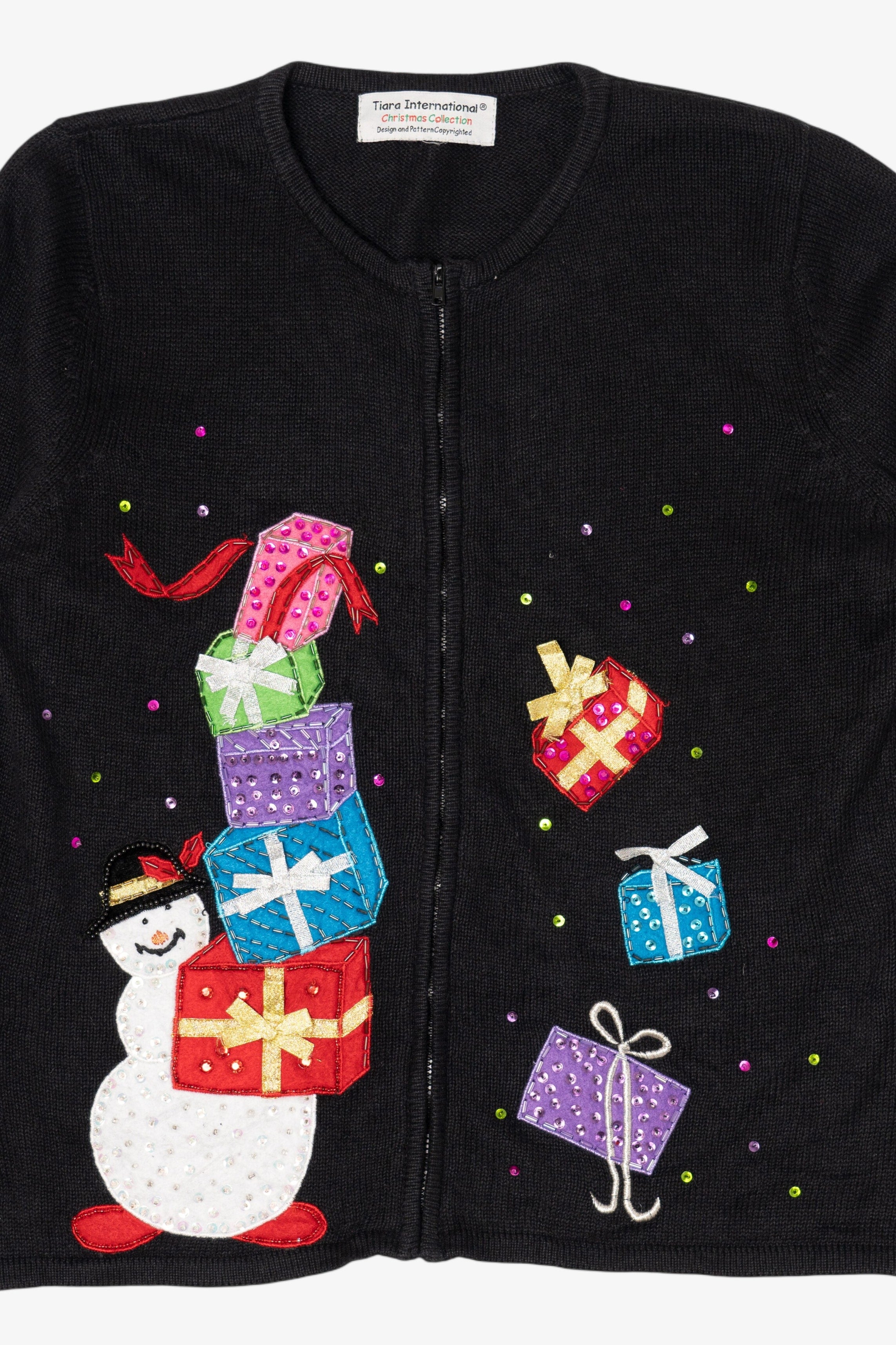 Vintage Black Tiara International Snowman With Presents Ugly Christmas Cardigan (2000s)