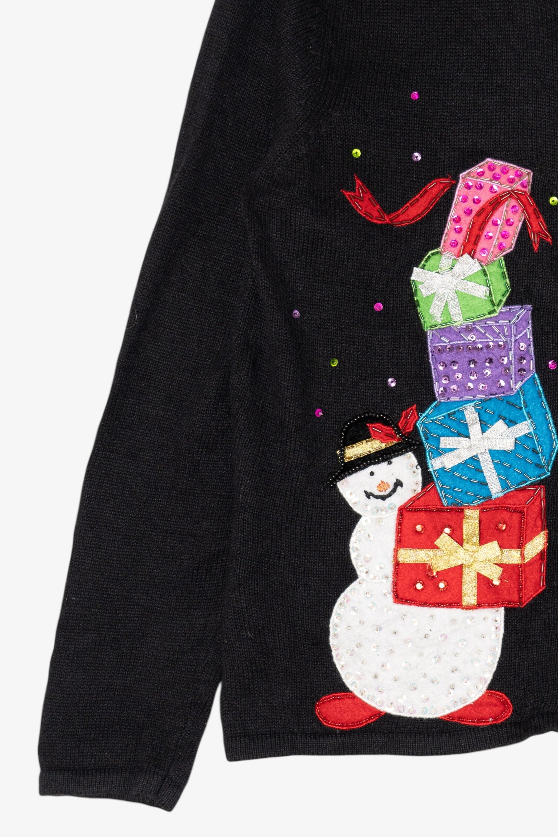 Vintage Black Tiara International Snowman With Presents Ugly Christmas Cardigan (2000s)