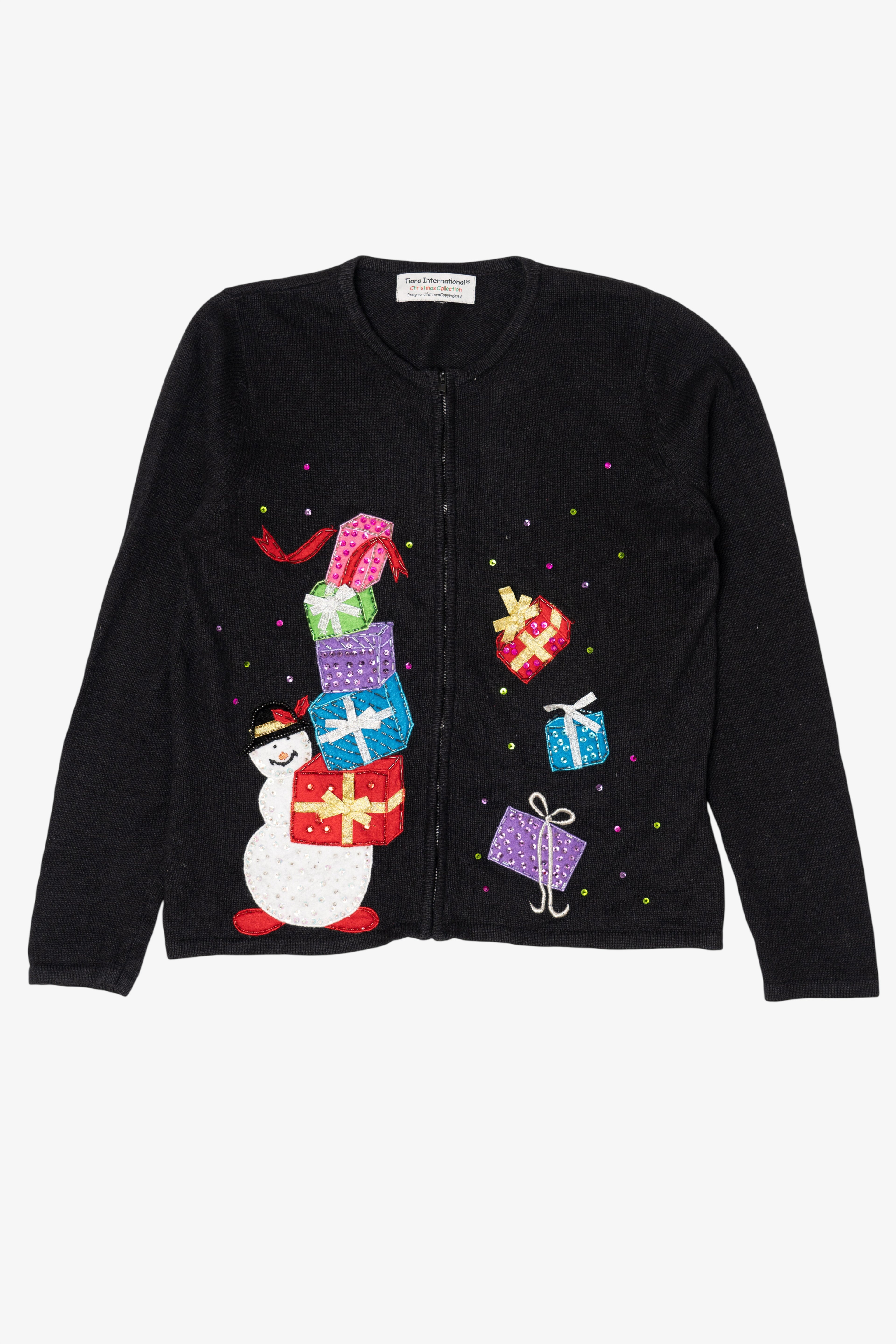 Vintage Black Tiara International Snowman With Presents Ugly Christmas Cardigan (2000s)