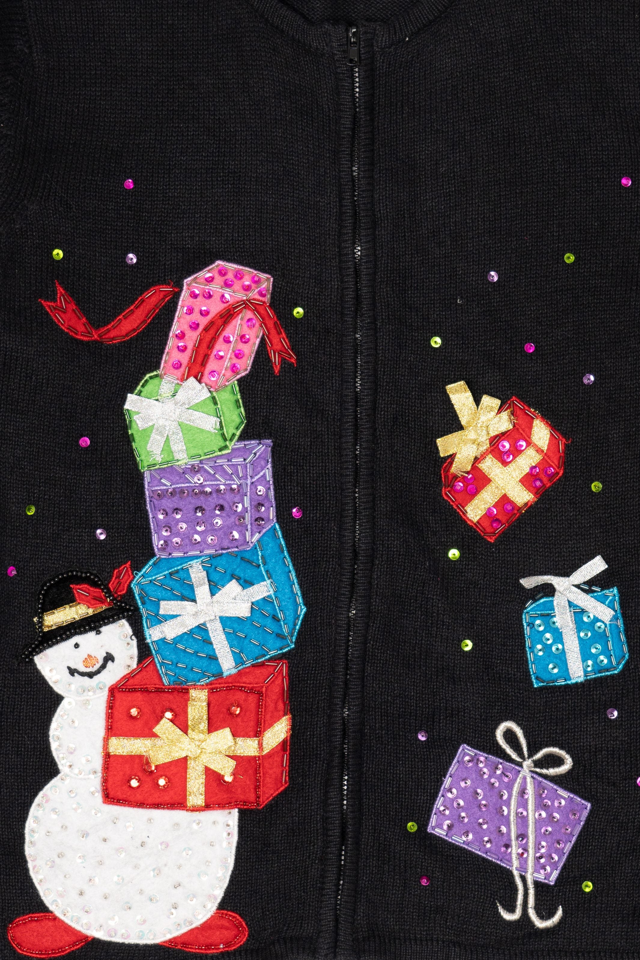 Vintage Black Tiara International Snowman With Presents Ugly Christmas Cardigan (2000s)