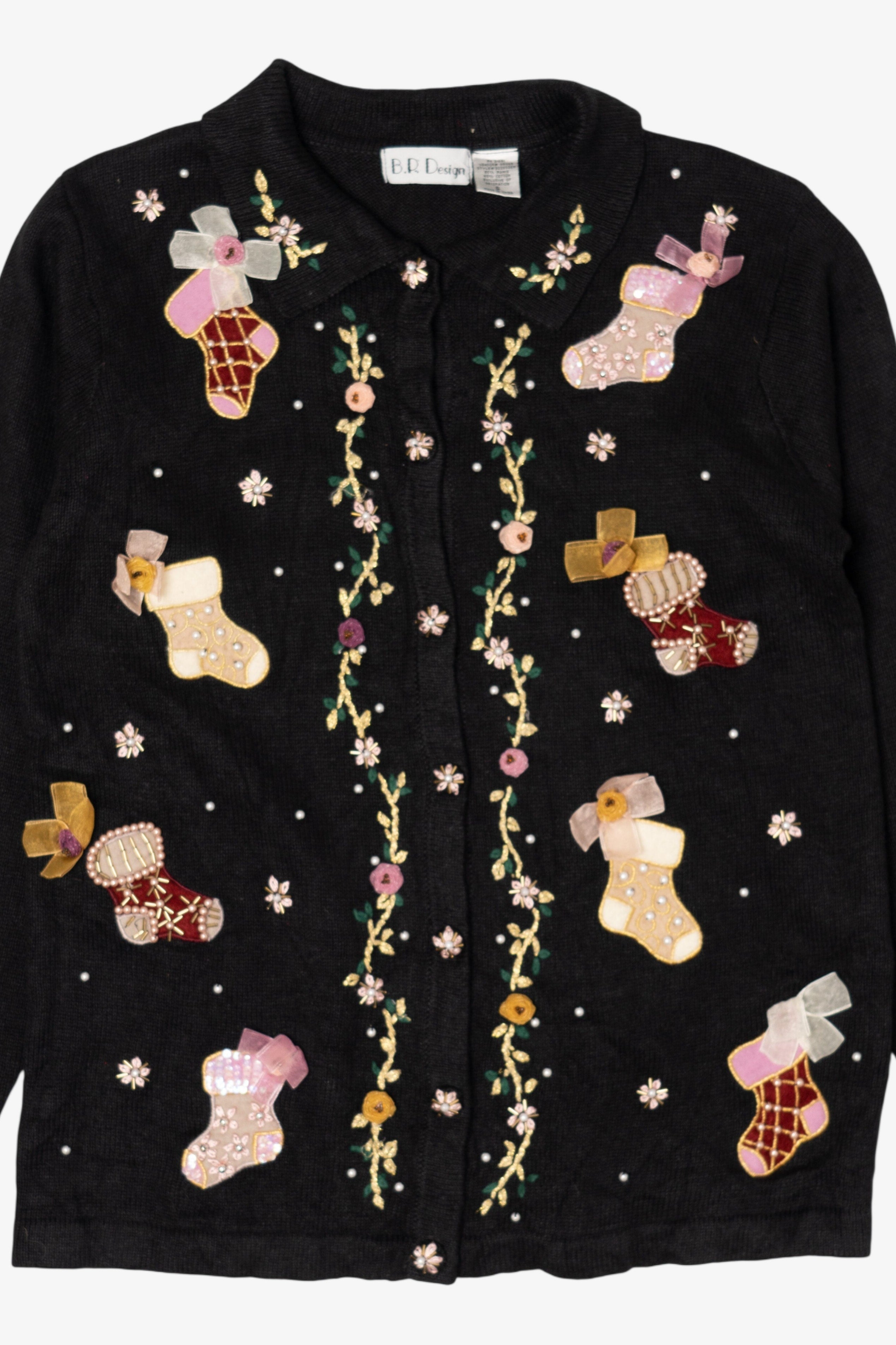 Vintage Black B.P Design Stockings Ugly Christmas Cardigan (1990s)