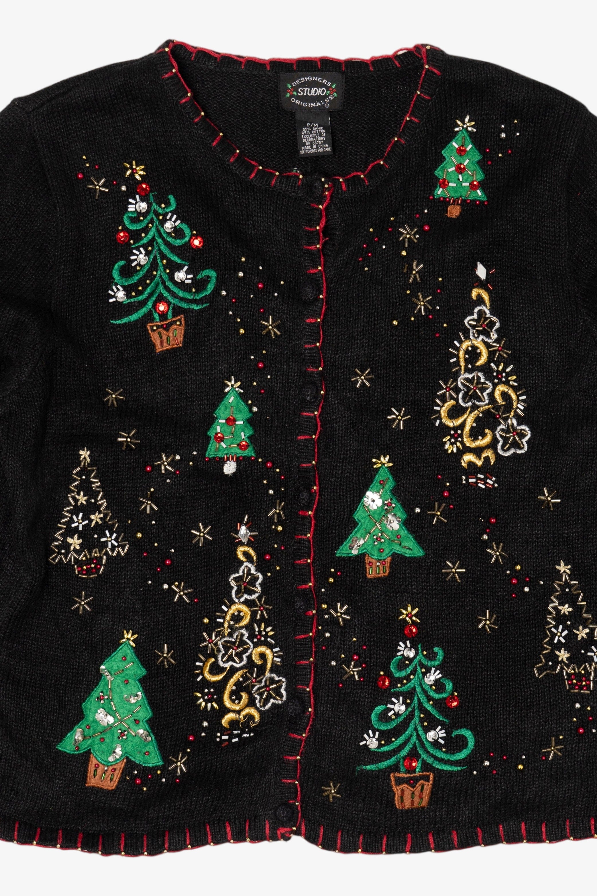 Vintage Black Designers Studio Originals Trees Ugly Christmas Cardigan (1990s)