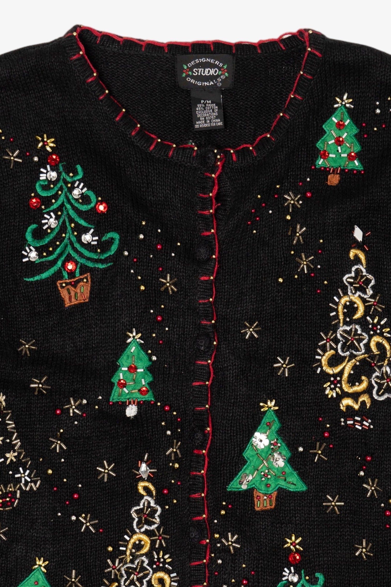 Vintage Black Designers Studio Originals Trees Ugly Christmas Cardigan (1990s)
