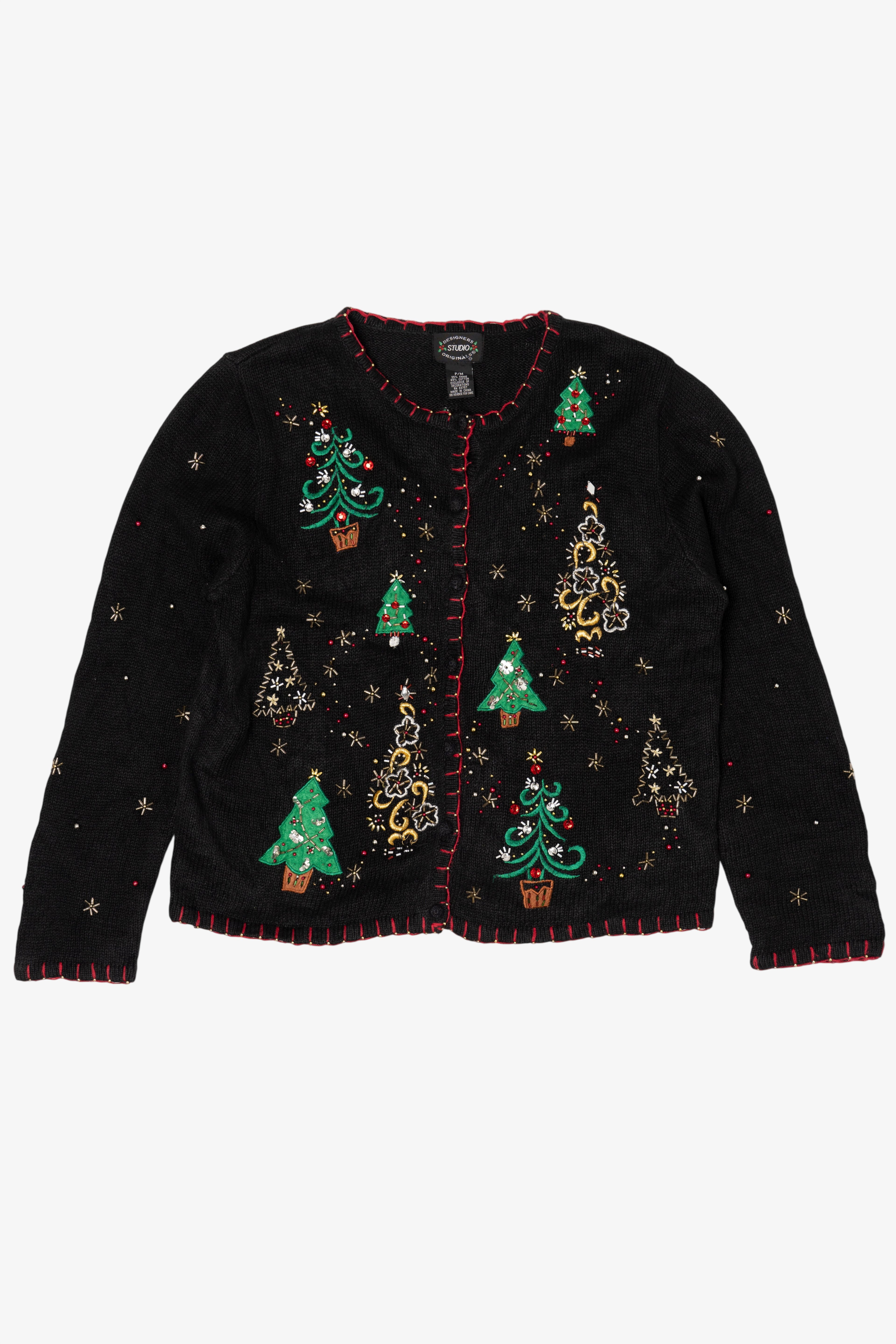 Vintage Black Designers Studio Originals Trees Ugly Christmas Cardigan (1990s)