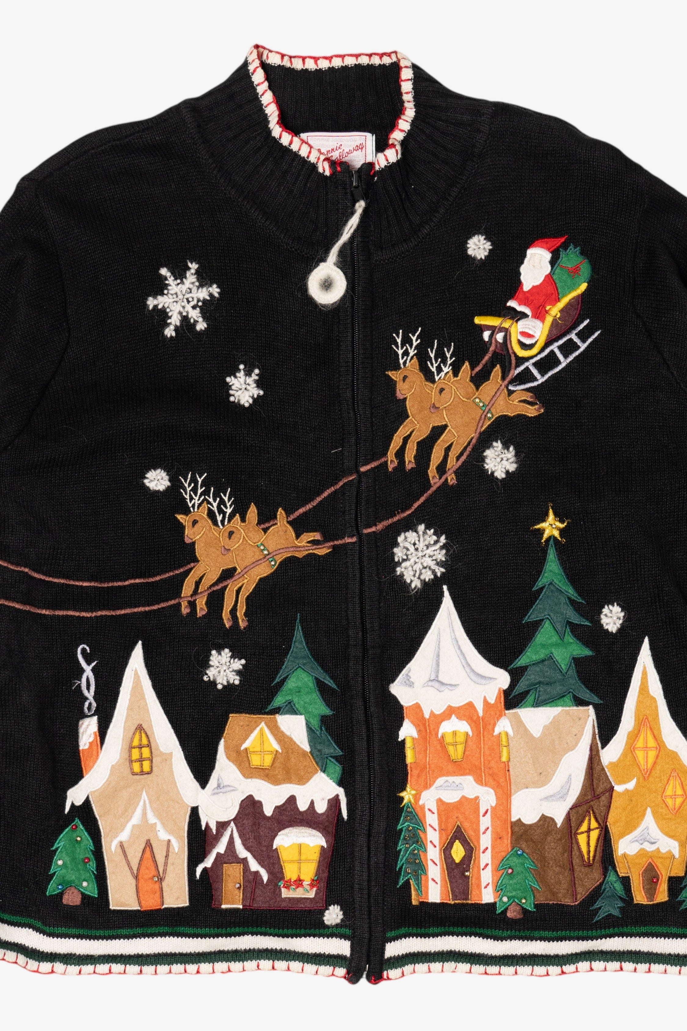 Vintage Black Ronnie Salloway Reindeer Flying Ugly Christmas Cardigan (1990s)