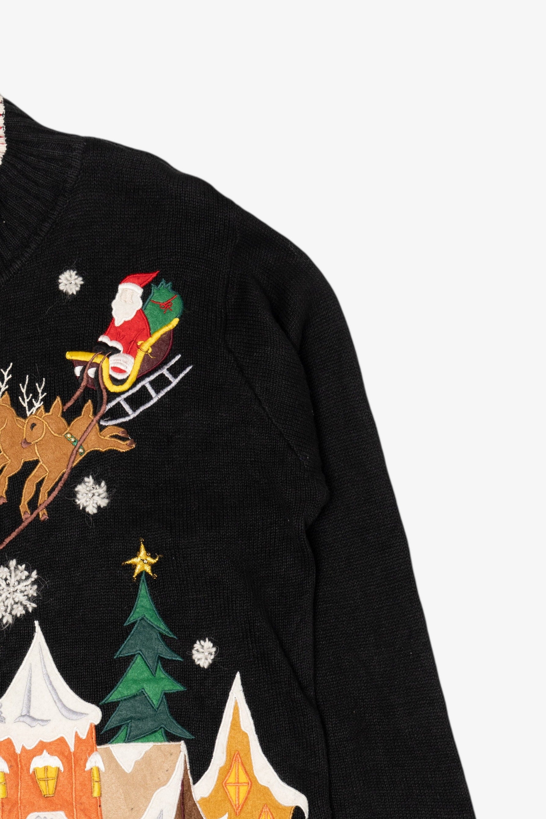 Vintage Black Ronnie Salloway Reindeer Flying Ugly Christmas Cardigan (1990s)