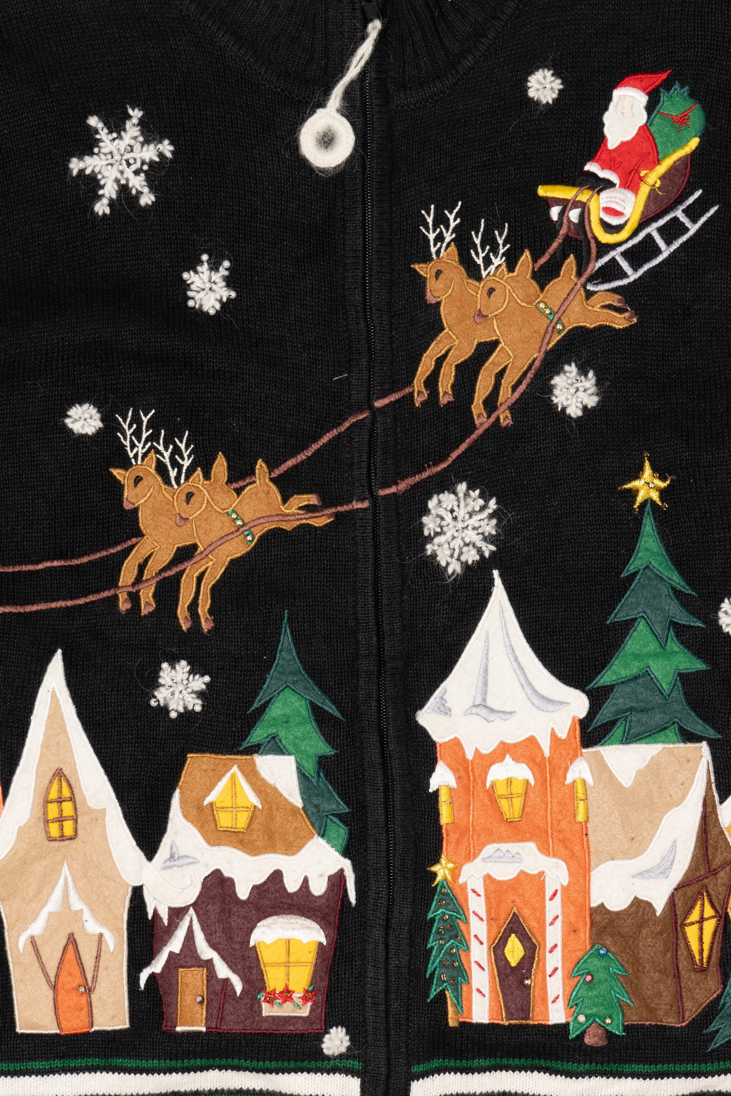 Vintage Black Ronnie Salloway Reindeer Flying Ugly Christmas Cardigan (1990s)