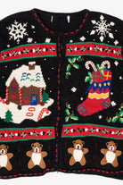 Vintage Black Gingerbread House And Stocking Ugly Christmas Cardigan (1990s)