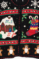 Vintage Black Gingerbread House And Stocking Ugly Christmas Cardigan (1990s)