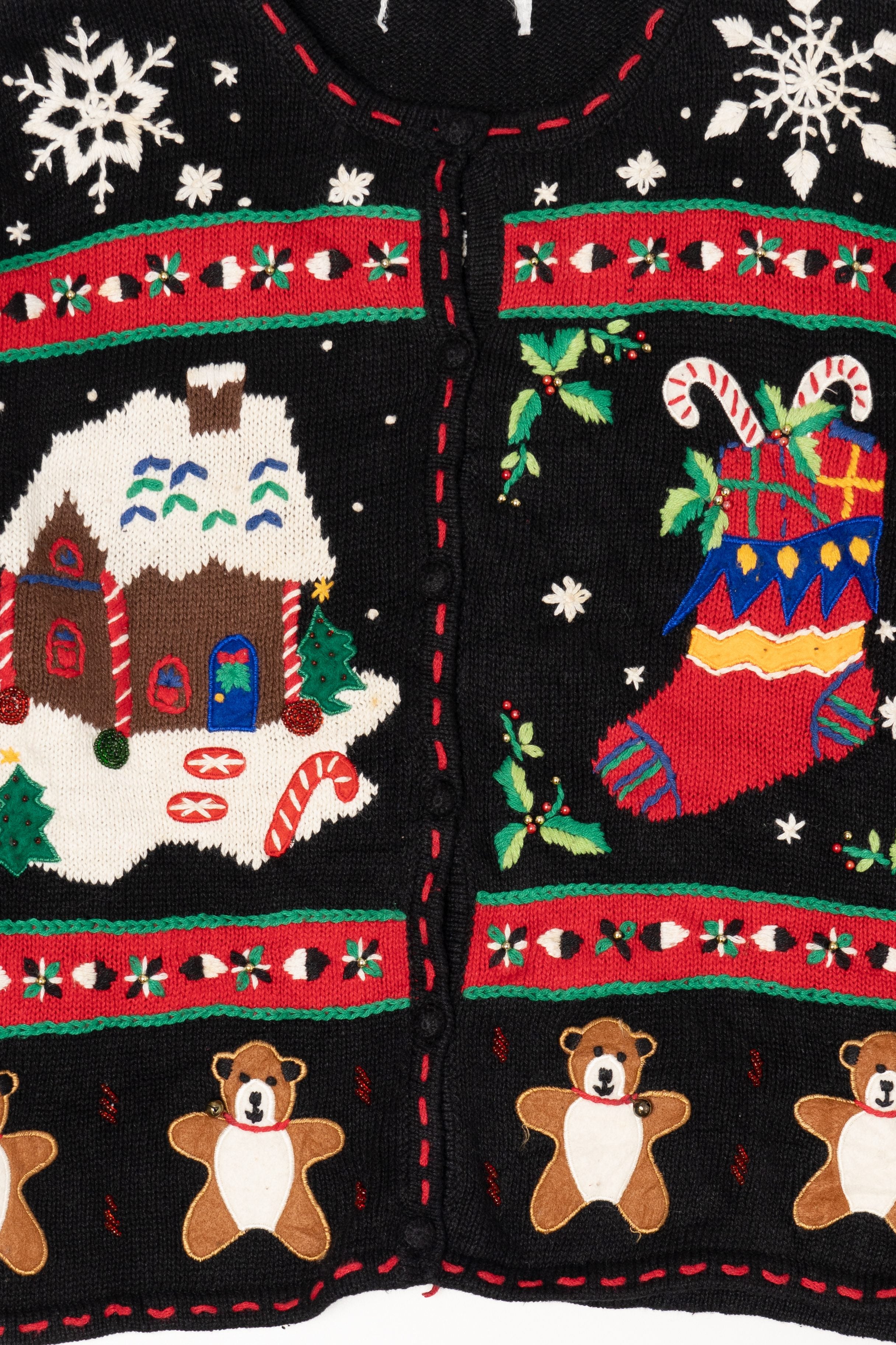 Vintage Black Gingerbread House And Stocking Ugly Christmas Cardigan (1990s)