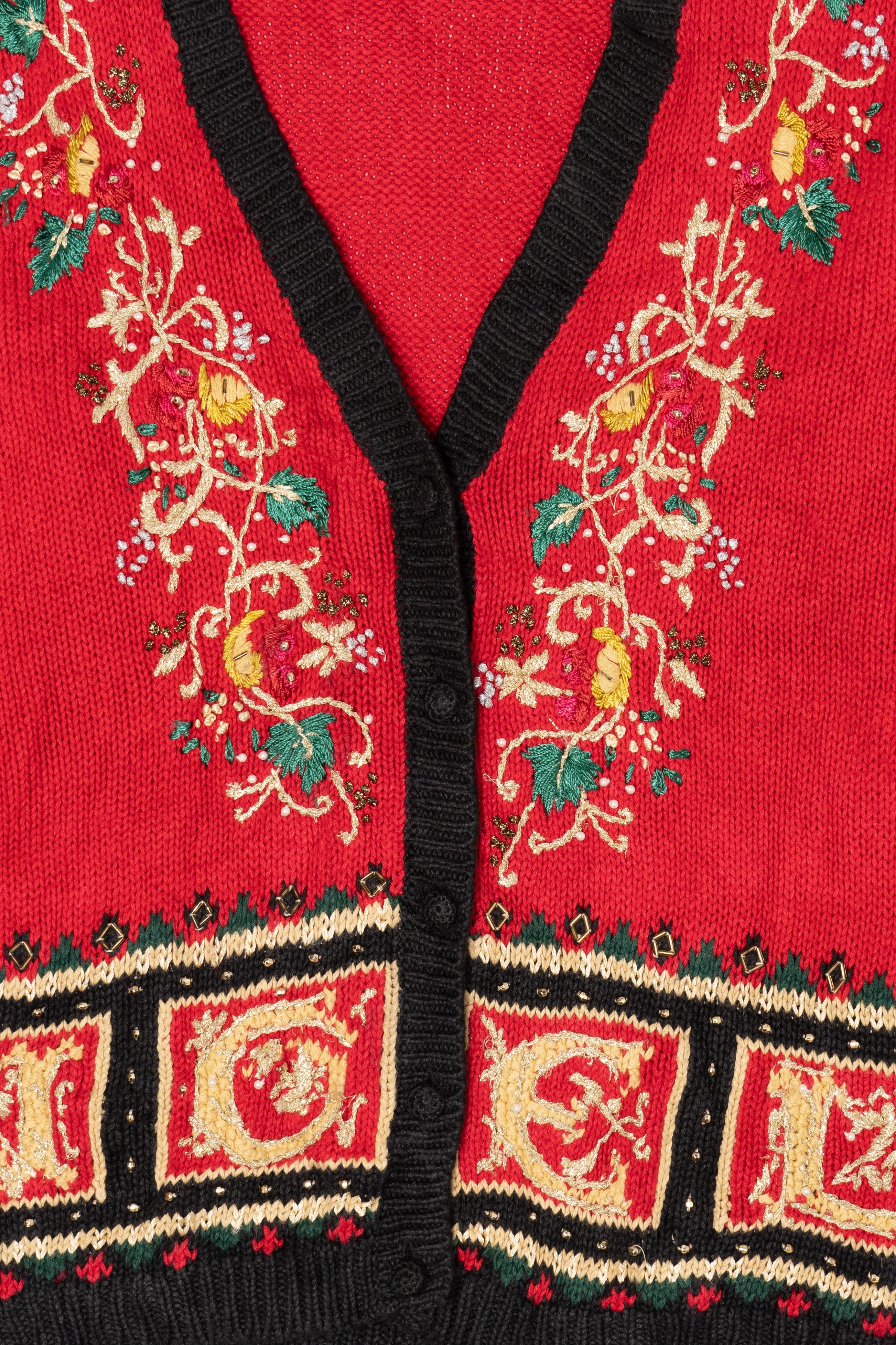 Vintage Red Lord Taylor "Noel" Ugly Christmas Cardigan (1990s)