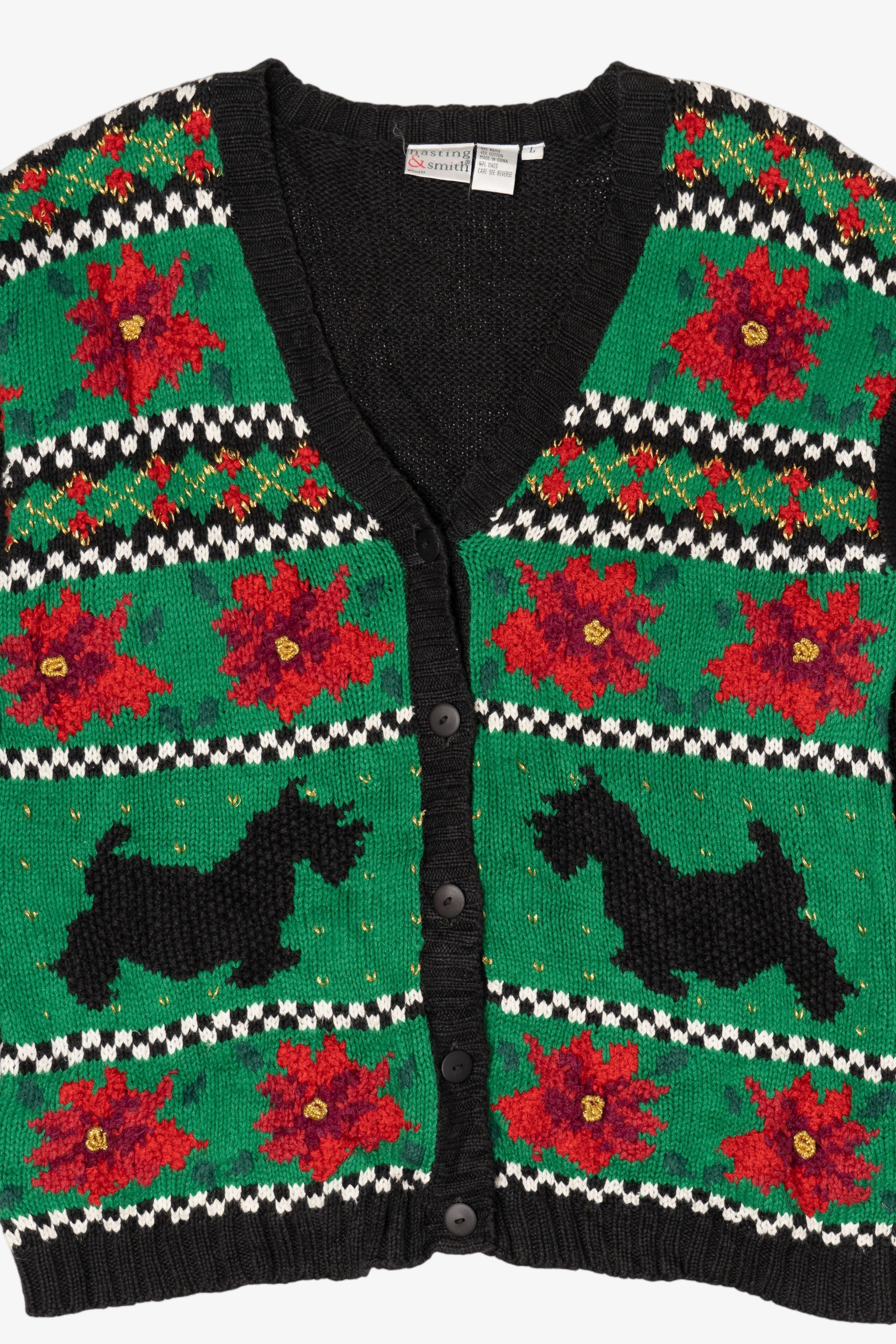 Vintage Green Hasting & Smith Dogs And Poinsettias Ugly Christmas Cardigan (1990s)