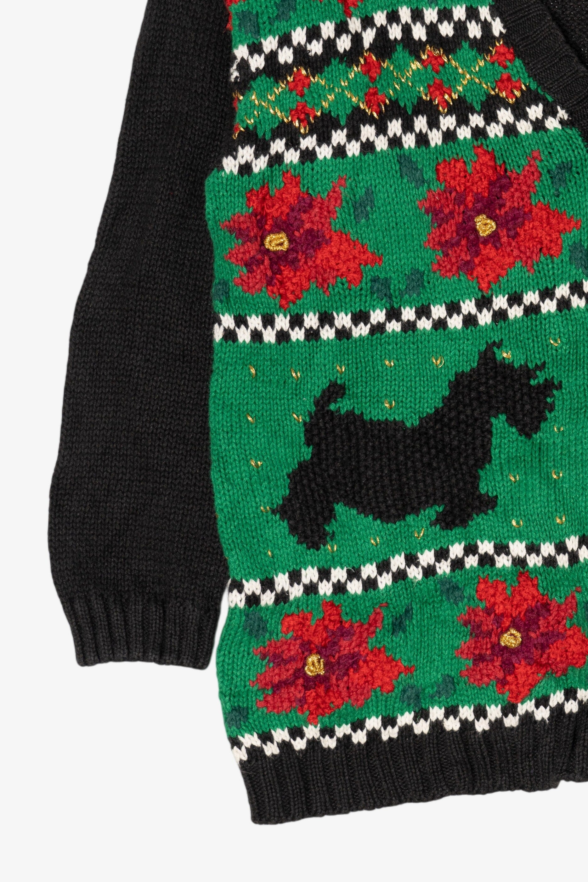 Vintage Green Hasting & Smith Dogs And Poinsettias Ugly Christmas Cardigan (1990s)