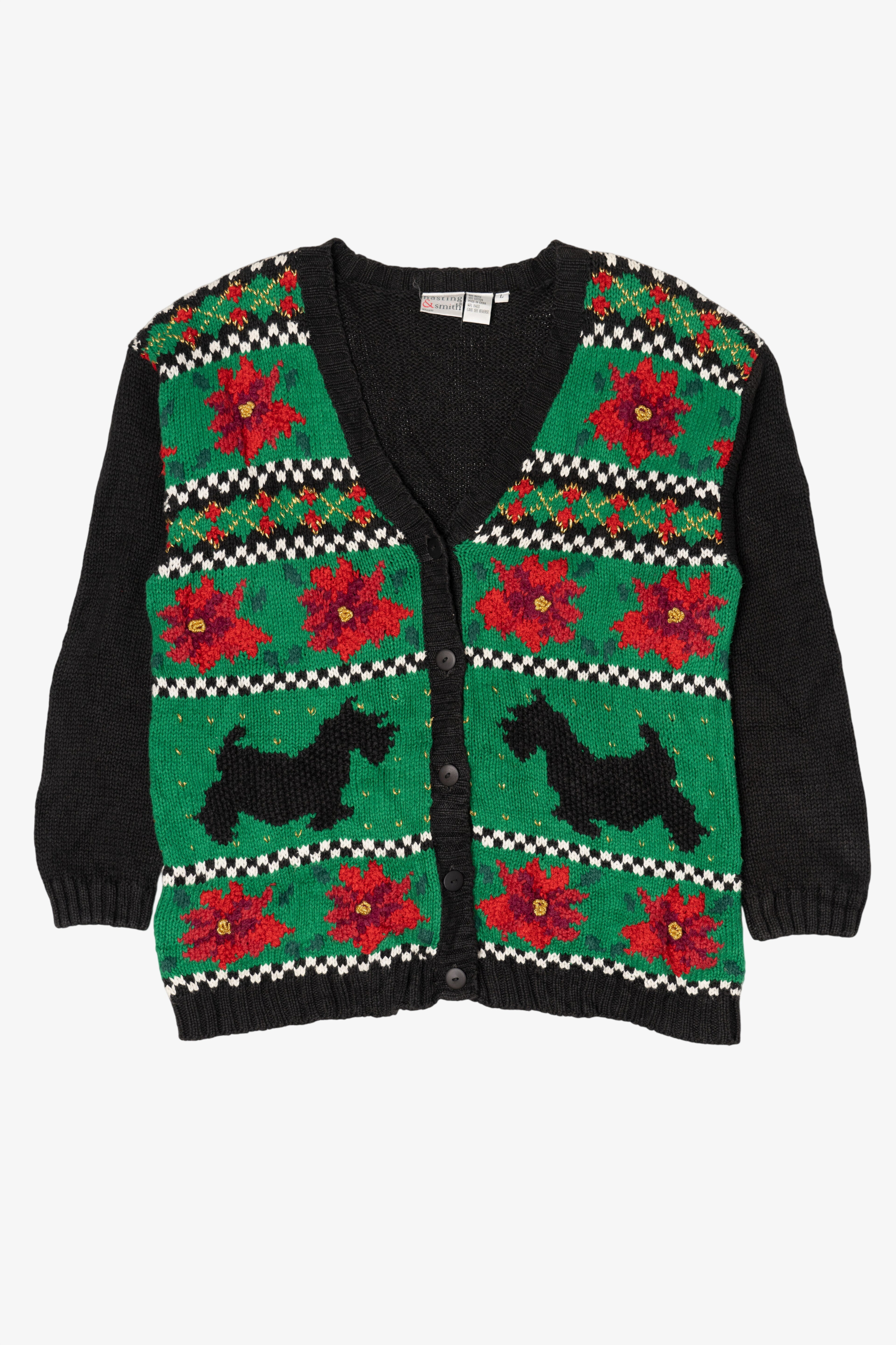 Vintage Green Hasting & Smith Dogs And Poinsettias Ugly Christmas Cardigan (1990s)