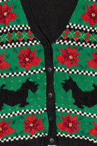 Vintage Green Hasting & Smith Dogs And Poinsettias Ugly Christmas Cardigan (1990s)