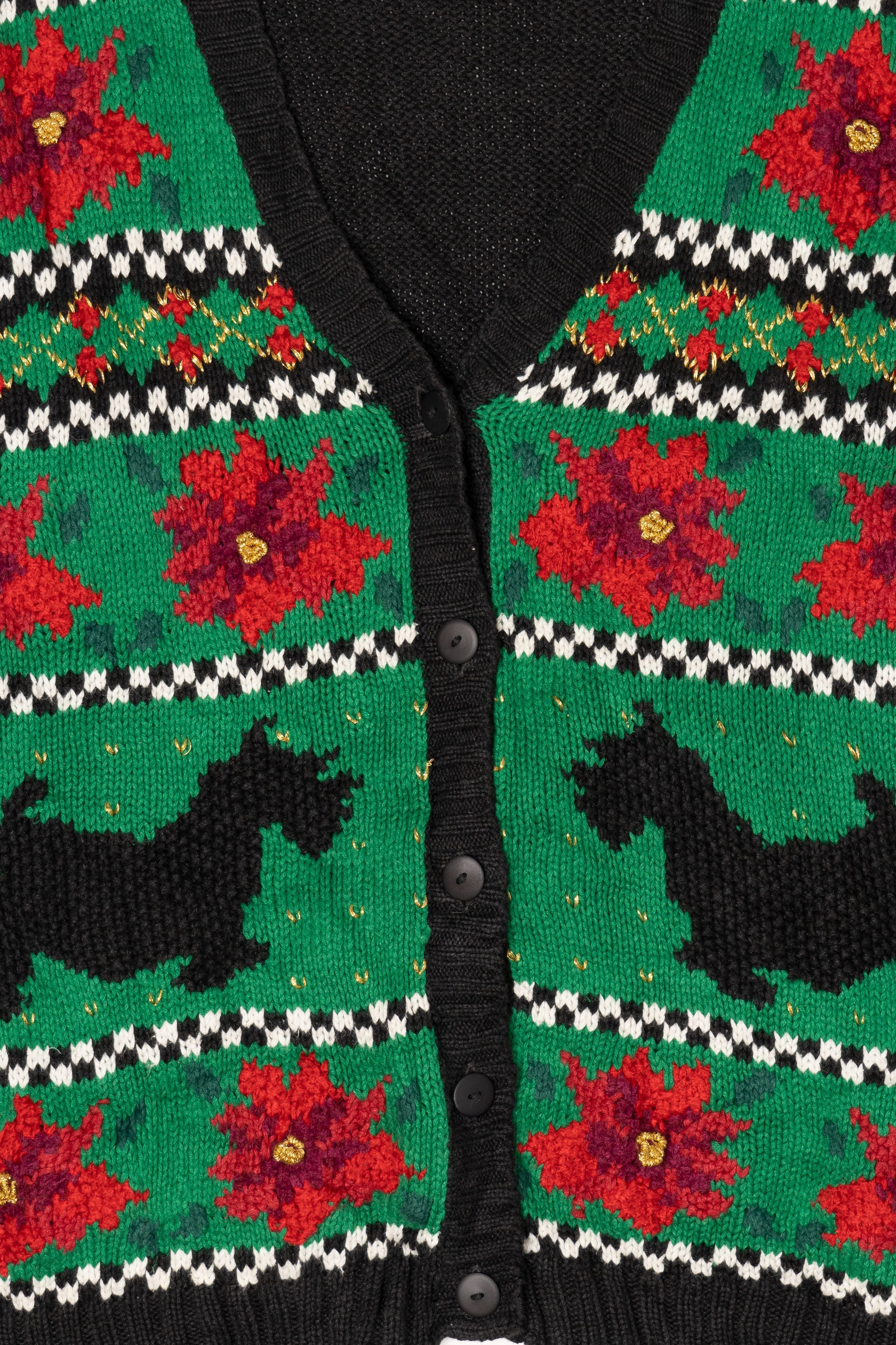 Vintage Green Hasting & Smith Dogs And Poinsettias Ugly Christmas Cardigan (1990s)