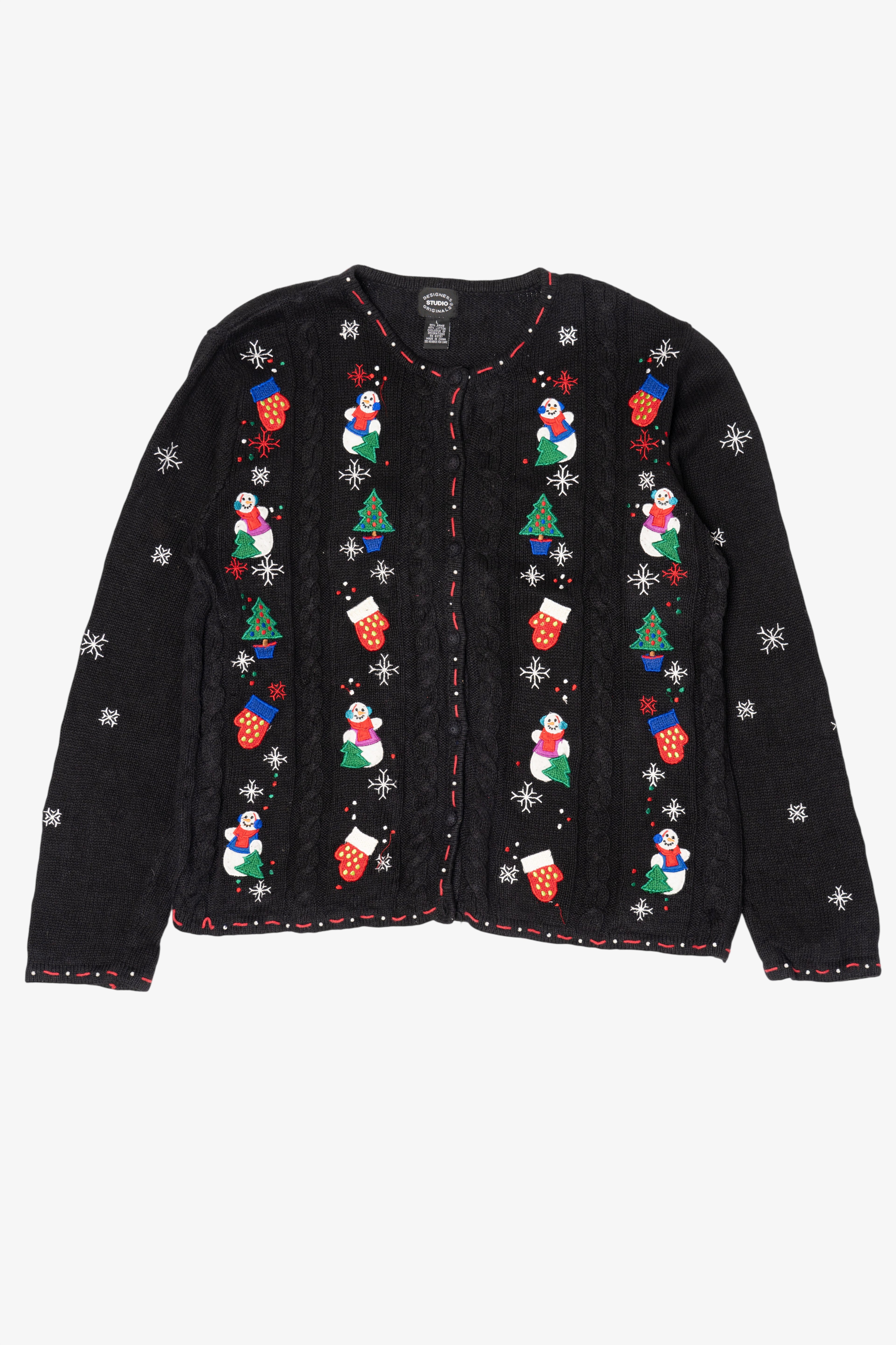 Vintage Black Designers Studio Original Snowmen Ugly Christmas Cardigan (1990s)