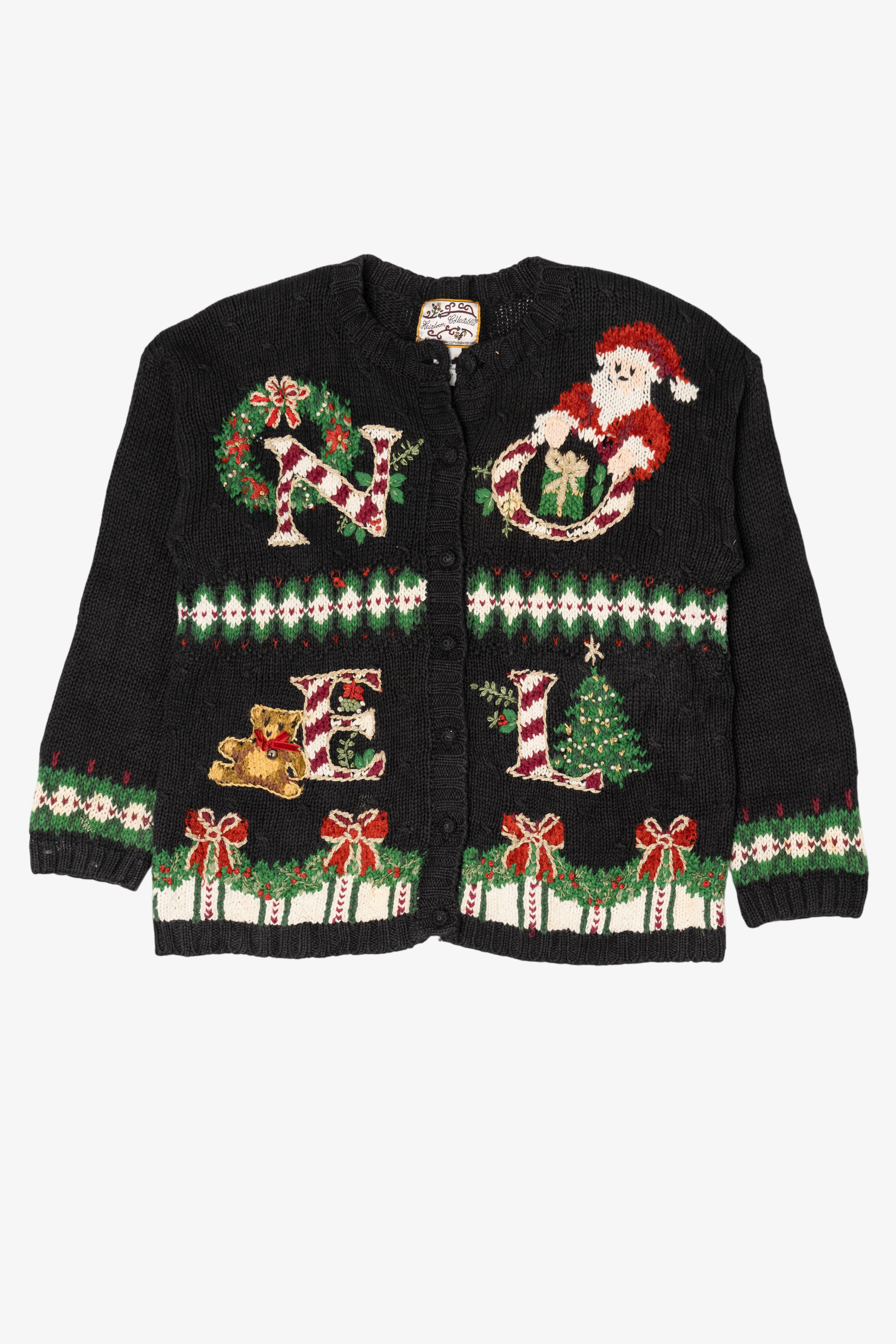 Vintage Black Heirloom Collectibles "Noel" Ugly Christmas Cardigan (1990s)