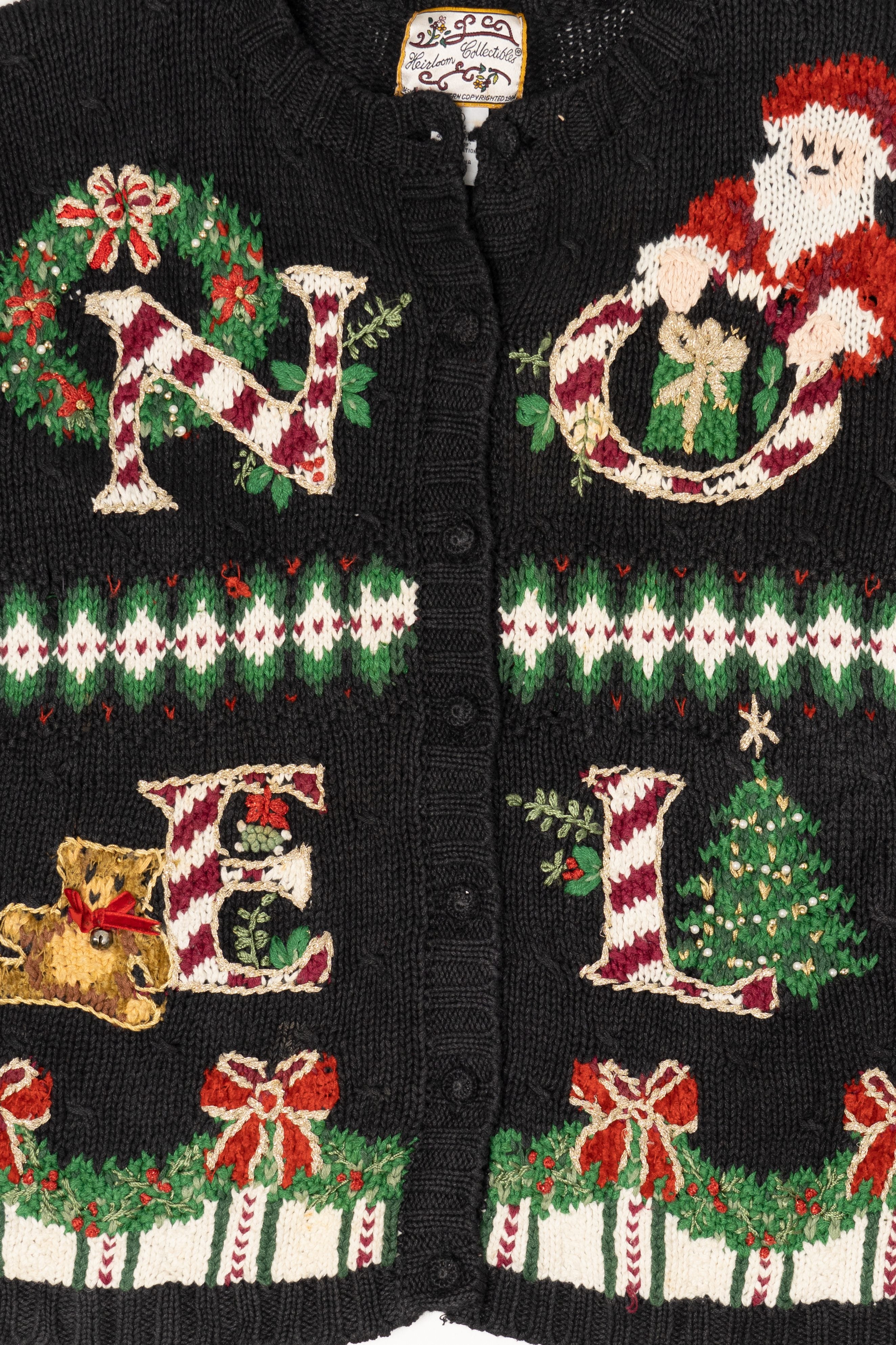 Vintage Black Heirloom Collectibles "Noel" Ugly Christmas Cardigan (1990s)
