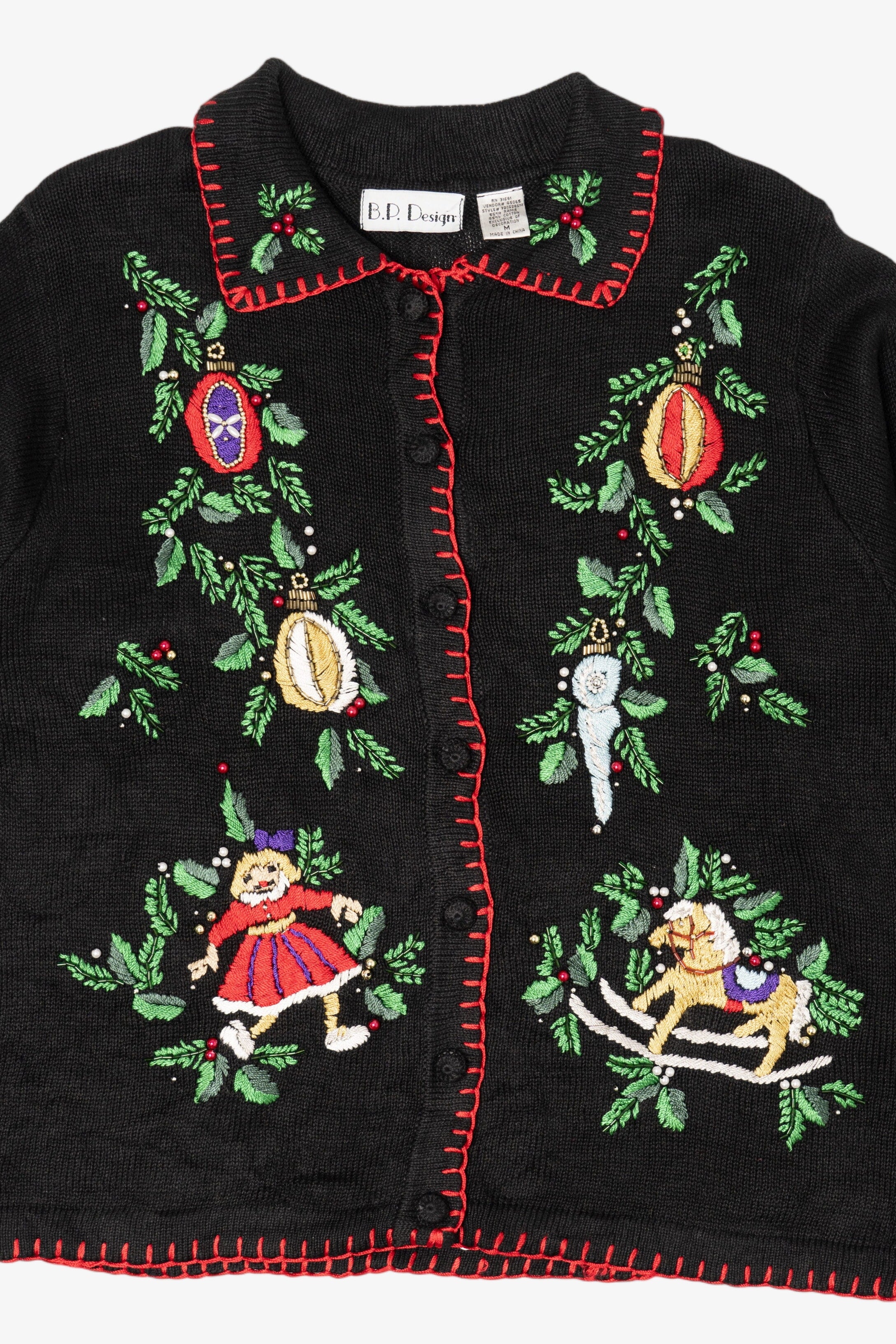 Vintage Embroidered Black B.P. Design Ugly Christmas Cardigan (1990s)