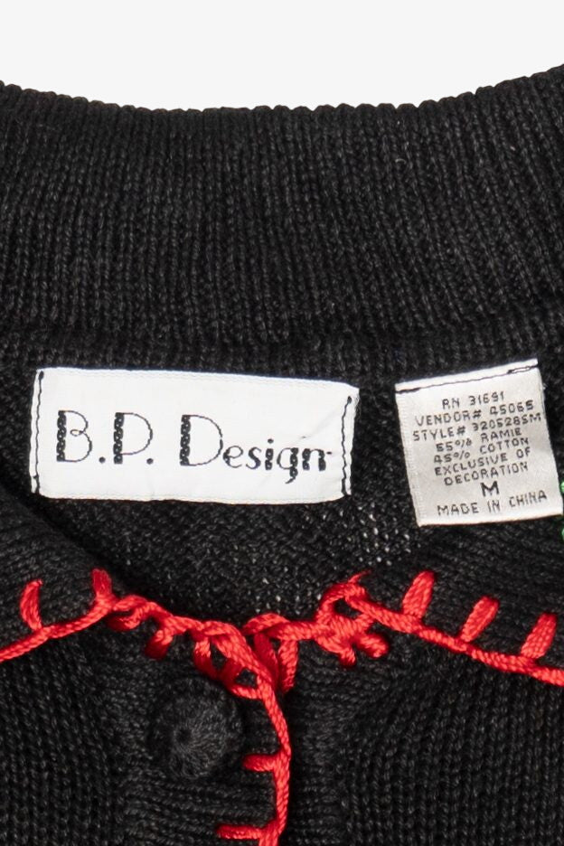 Vintage Embroidered Black B.P. Design Ugly Christmas Cardigan (1990s)