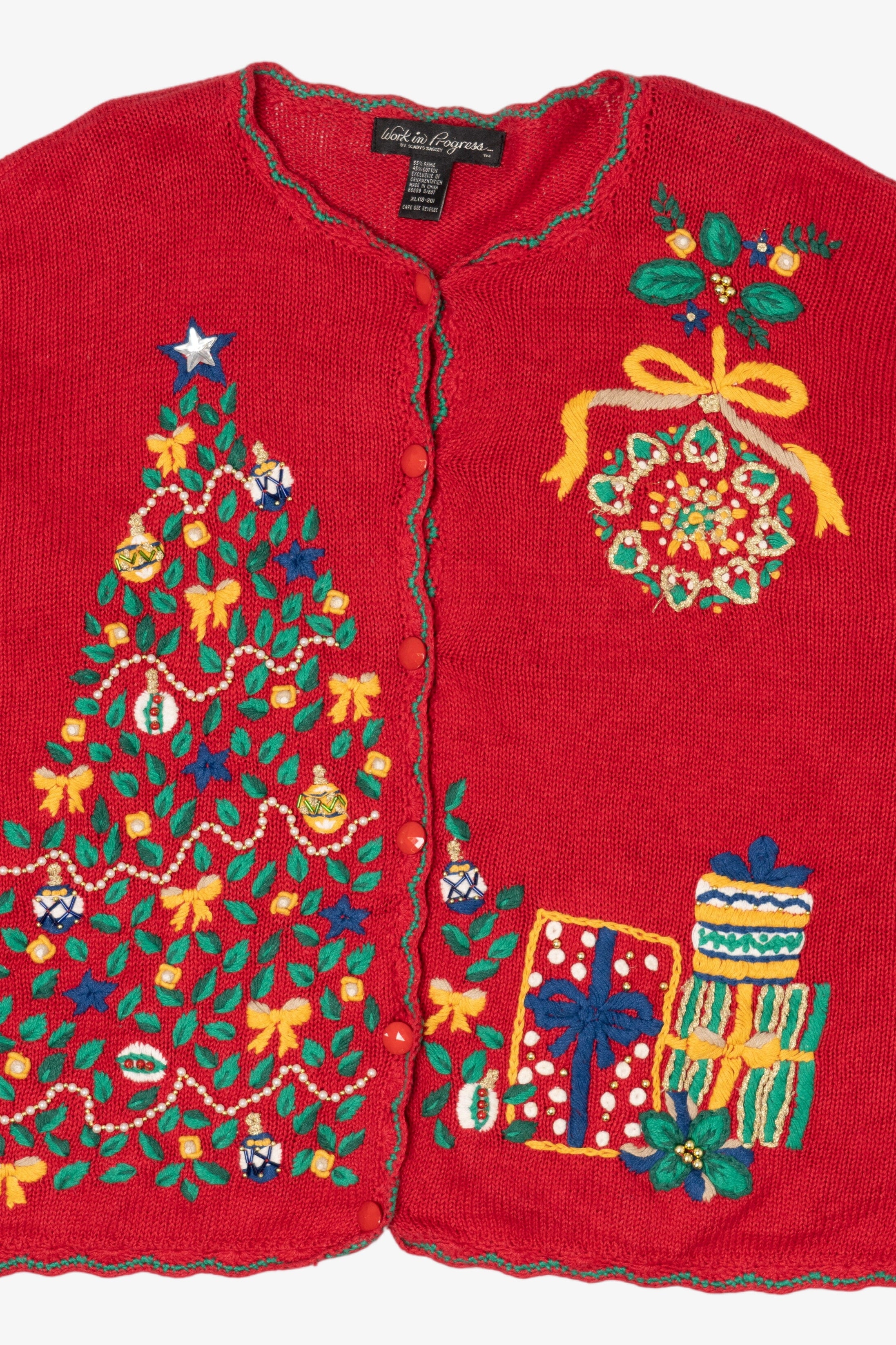 Vintage Red Work in Progress Tree Ugly Christmas Cardigan (2000s)