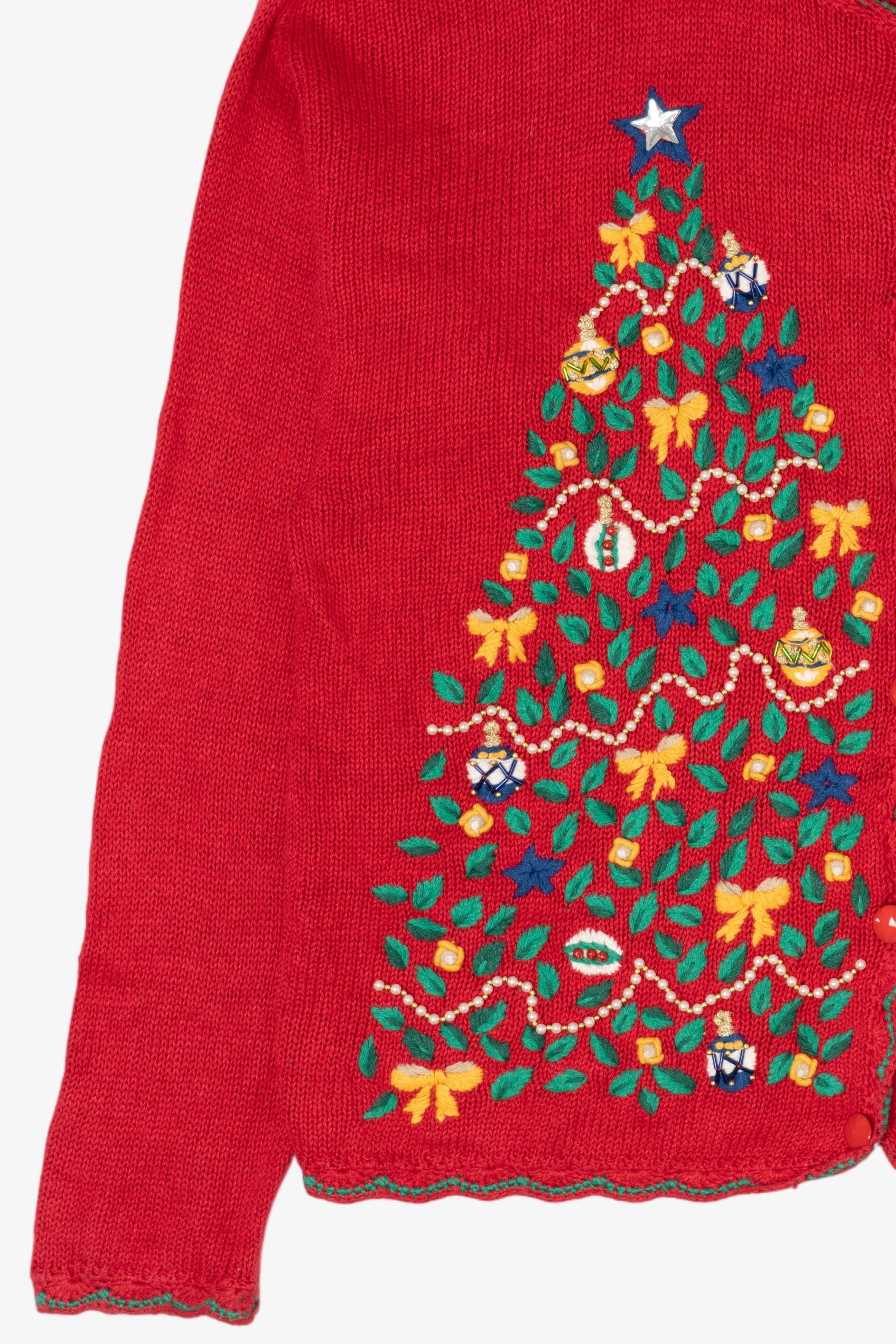 Vintage Red Work in Progress Tree Ugly Christmas Cardigan (2000s)