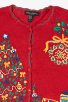 Vintage Red Work in Progress Tree Ugly Christmas Cardigan (2000s)