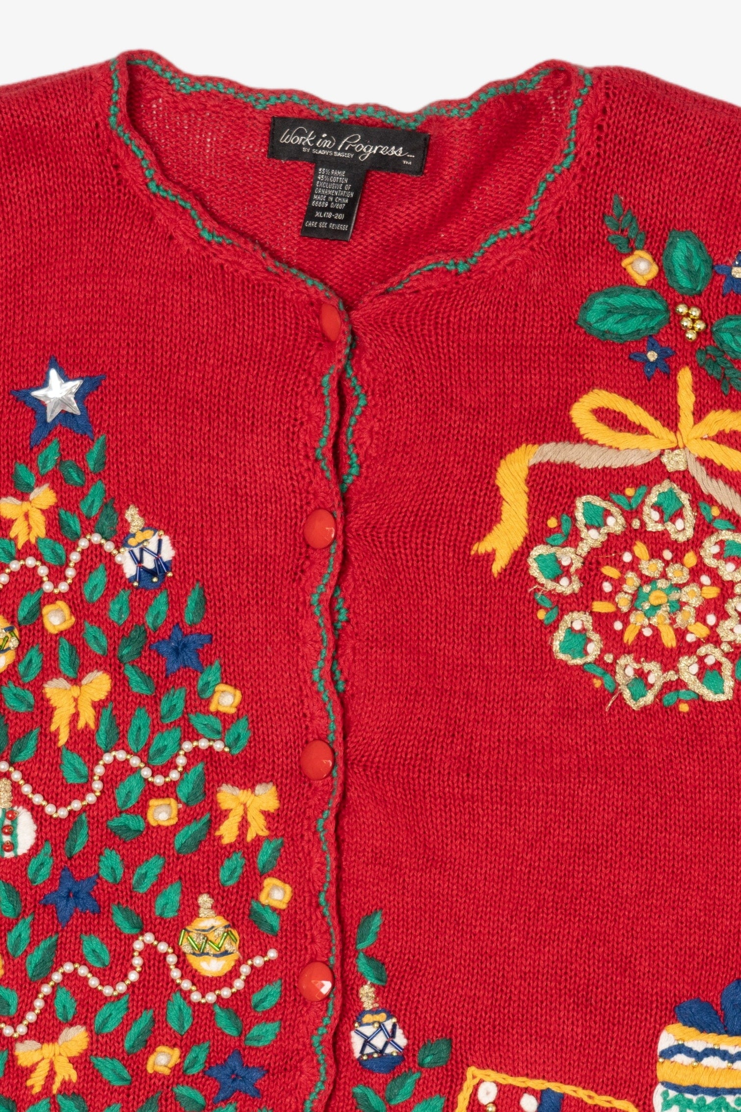 Vintage Red Work in Progress Tree Ugly Christmas Cardigan (2000s)