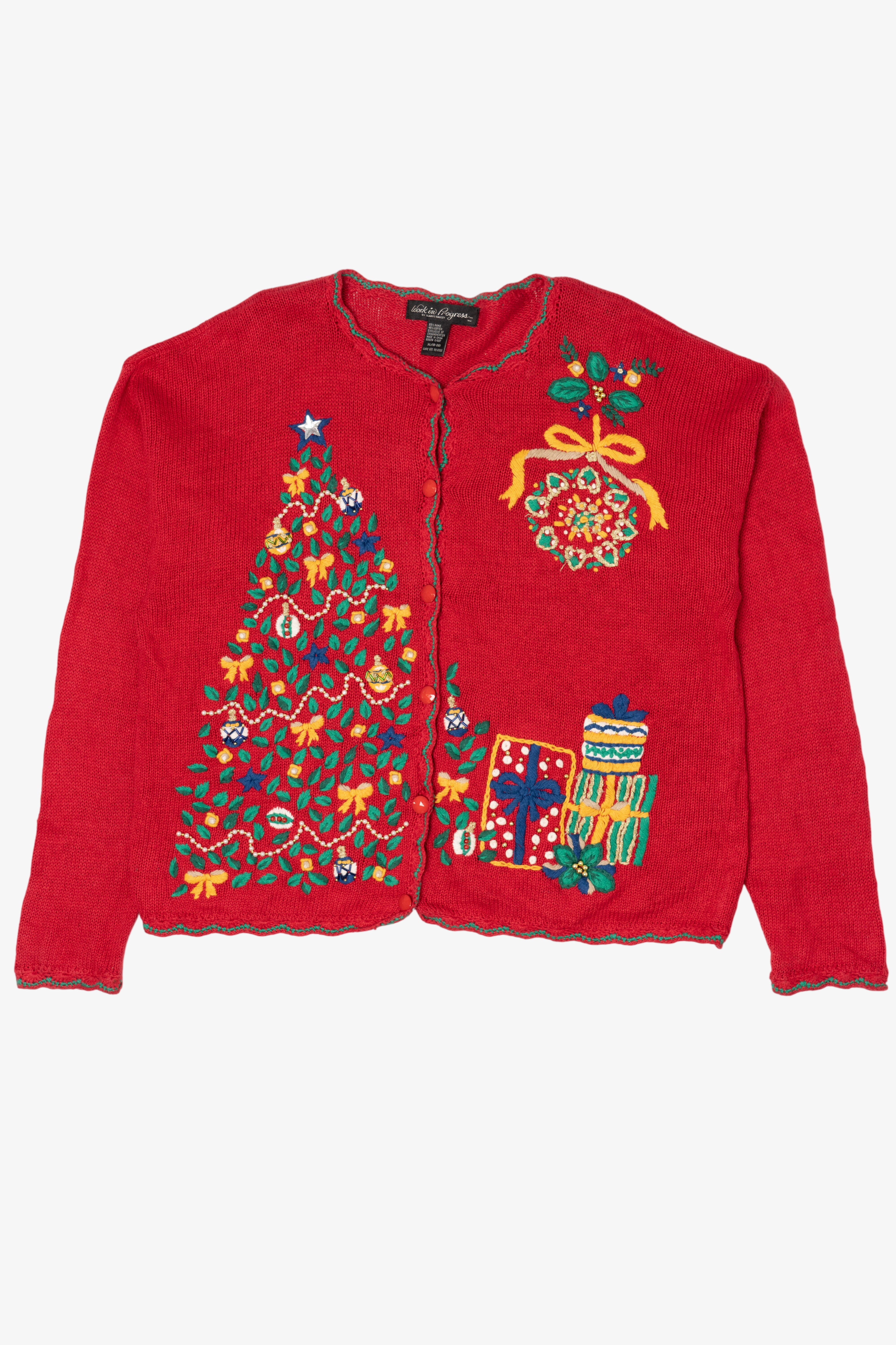 Vintage Red Work in Progress Tree Ugly Christmas Cardigan (2000s)