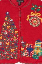 Vintage Red Work in Progress Tree Ugly Christmas Cardigan (2000s)