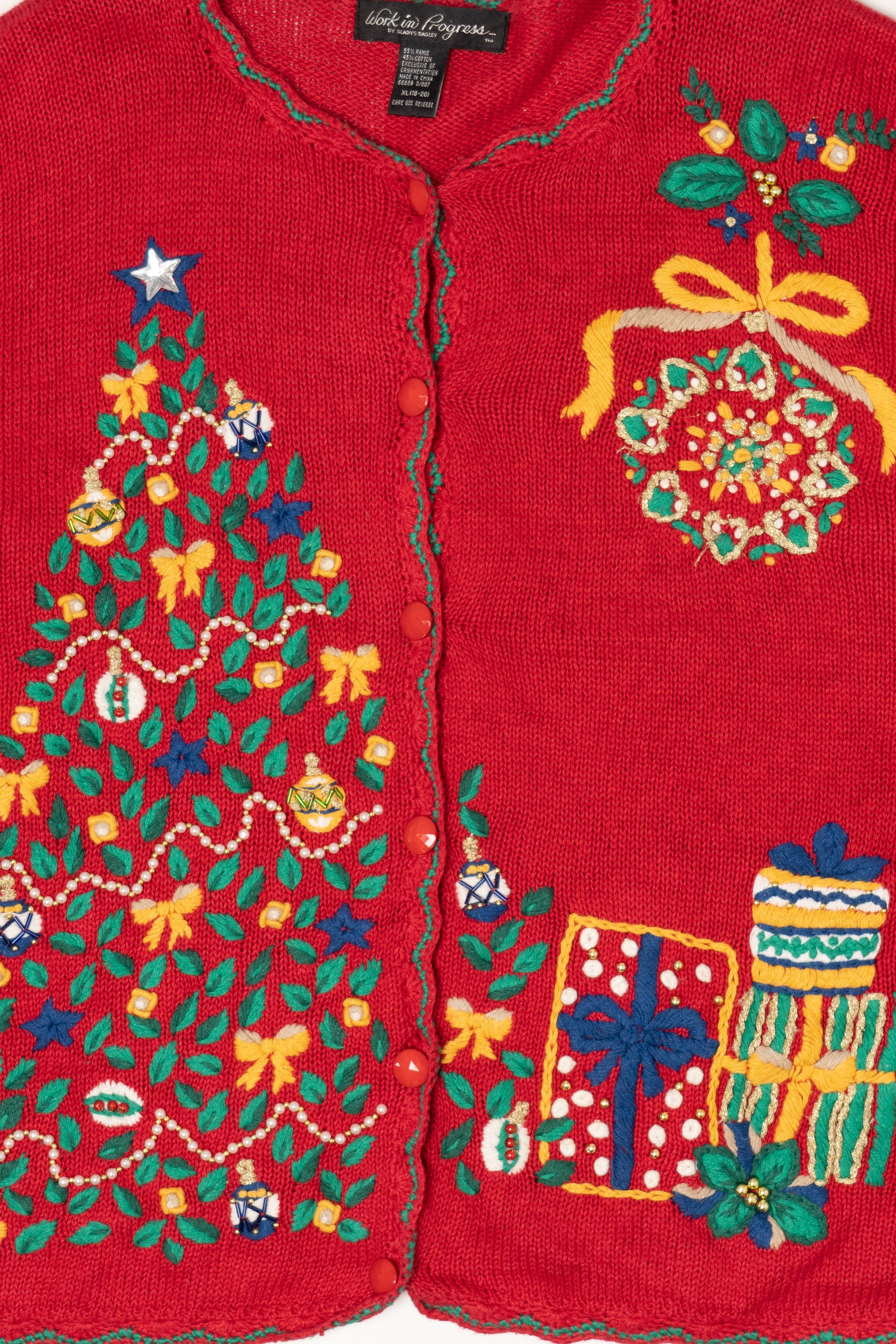 Vintage Red Work in Progress Tree Ugly Christmas Cardigan (2000s)