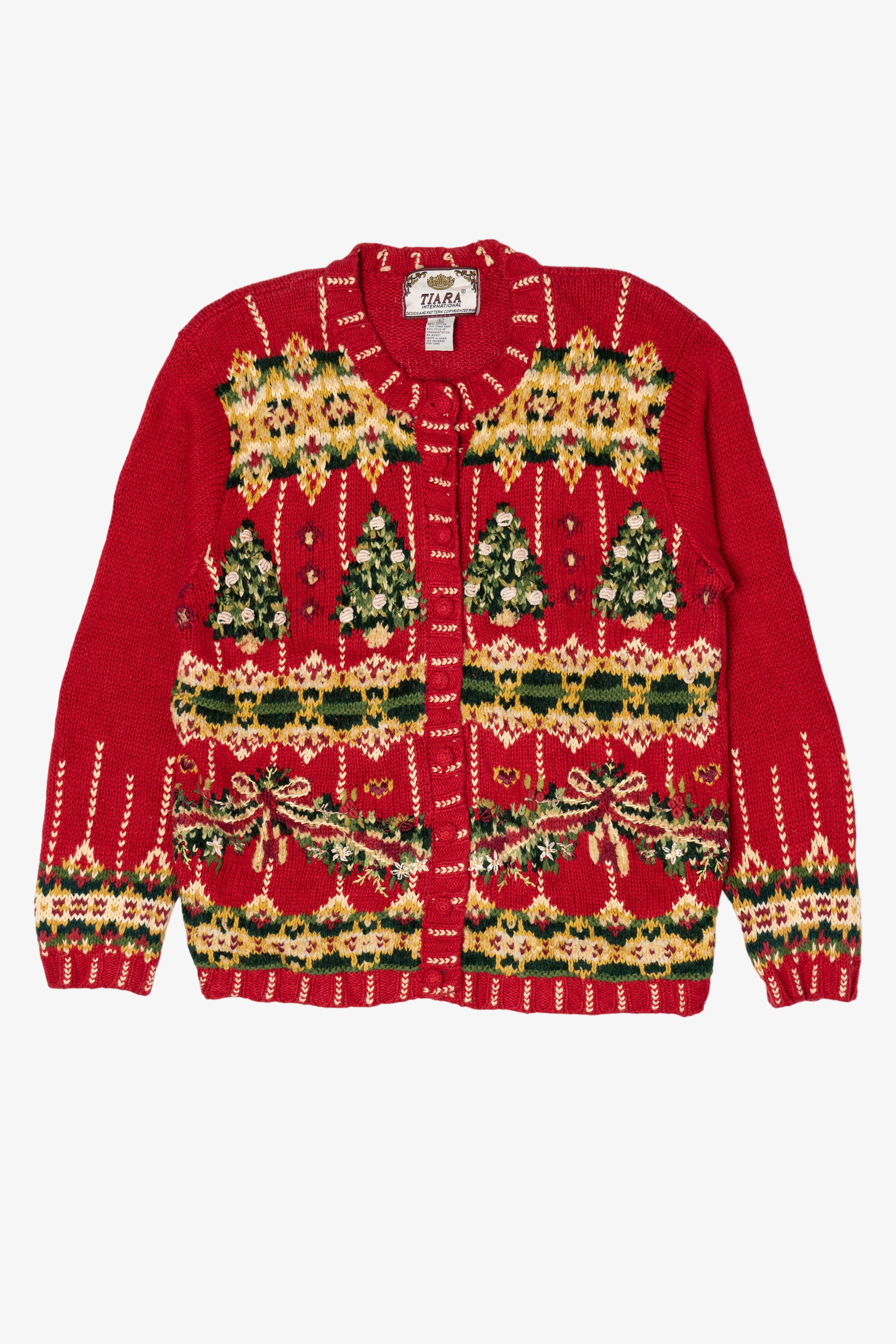 Vintage Red Tiara International Trees Ugly Christmas Cardigan (1990s)
